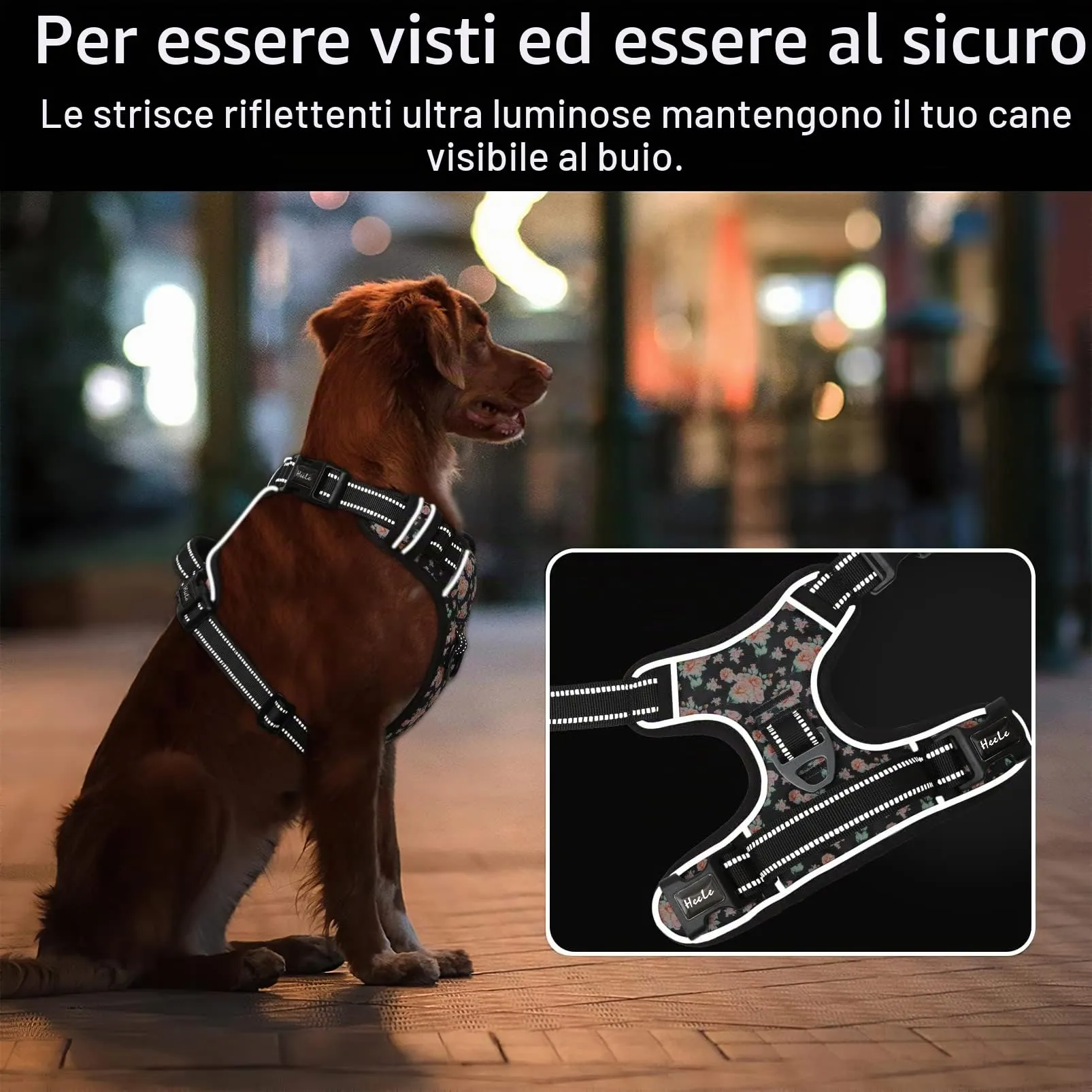 HEELE Pettorina Cane Anti-tiro Riflettente e Regolabile, Imbracatura con Sgancio Rapido dal Collo e Maniglia, Morbida e Imbottita, Floral-Nero XS - immagine 5