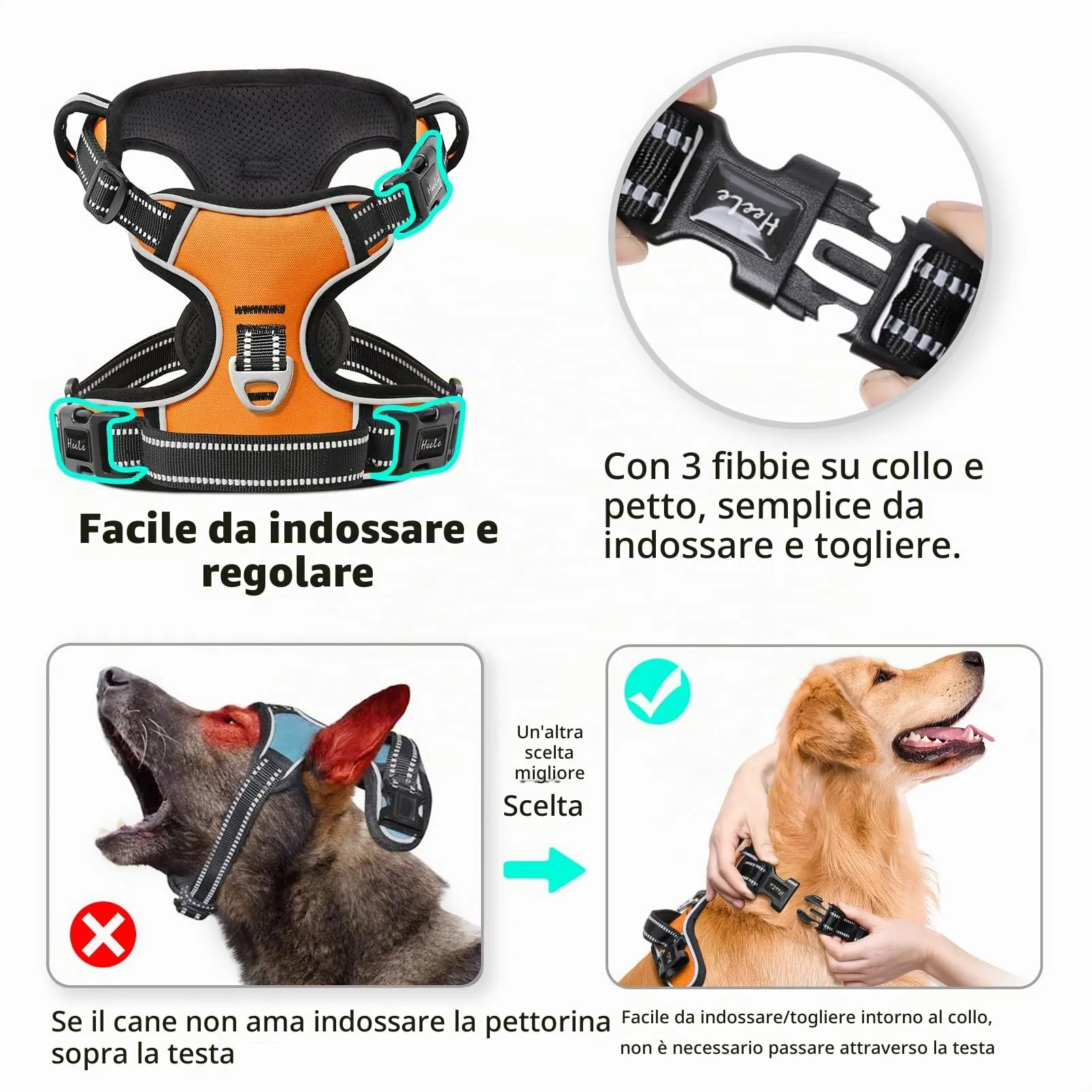 HEELE Pettorina Cane Anti-tiro Riflettente e Regolabile con Maniglia, Arancione M - immagine 4