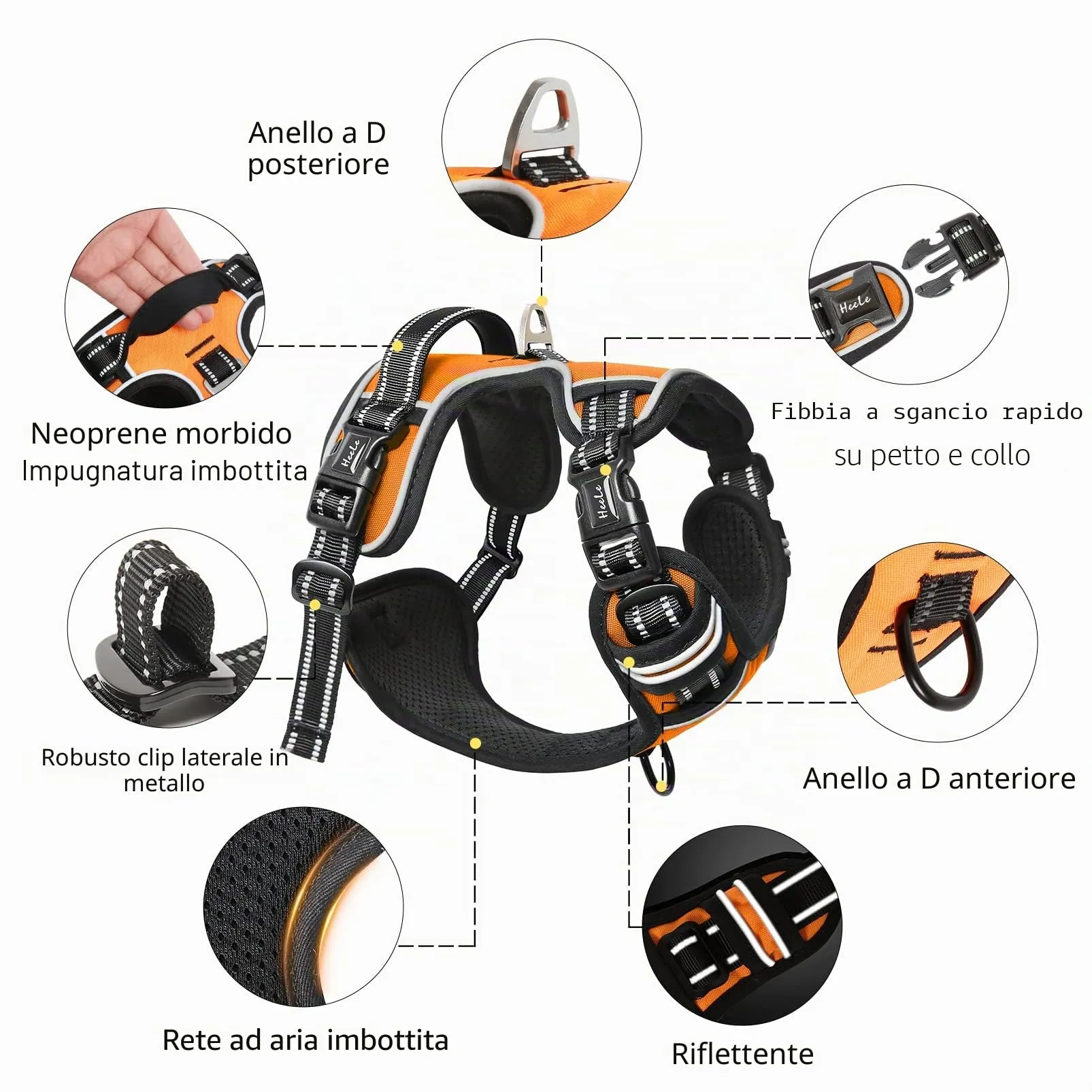 HEELE Pettorina Cane Anti-tiro Riflettente e Regolabile con Maniglia, Arancione M - immagine 5