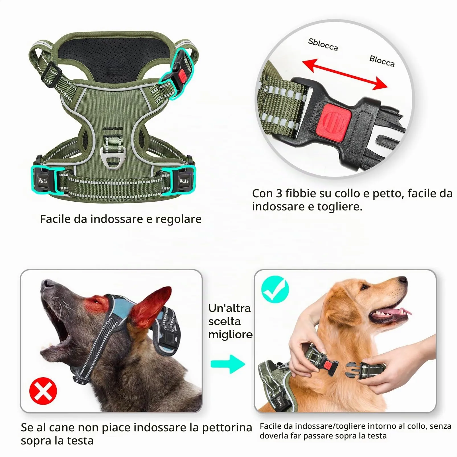 HEELE Pettorina Cane No-Pull Regolabile Riflettente, Verde-Serratura, S - immagine 4