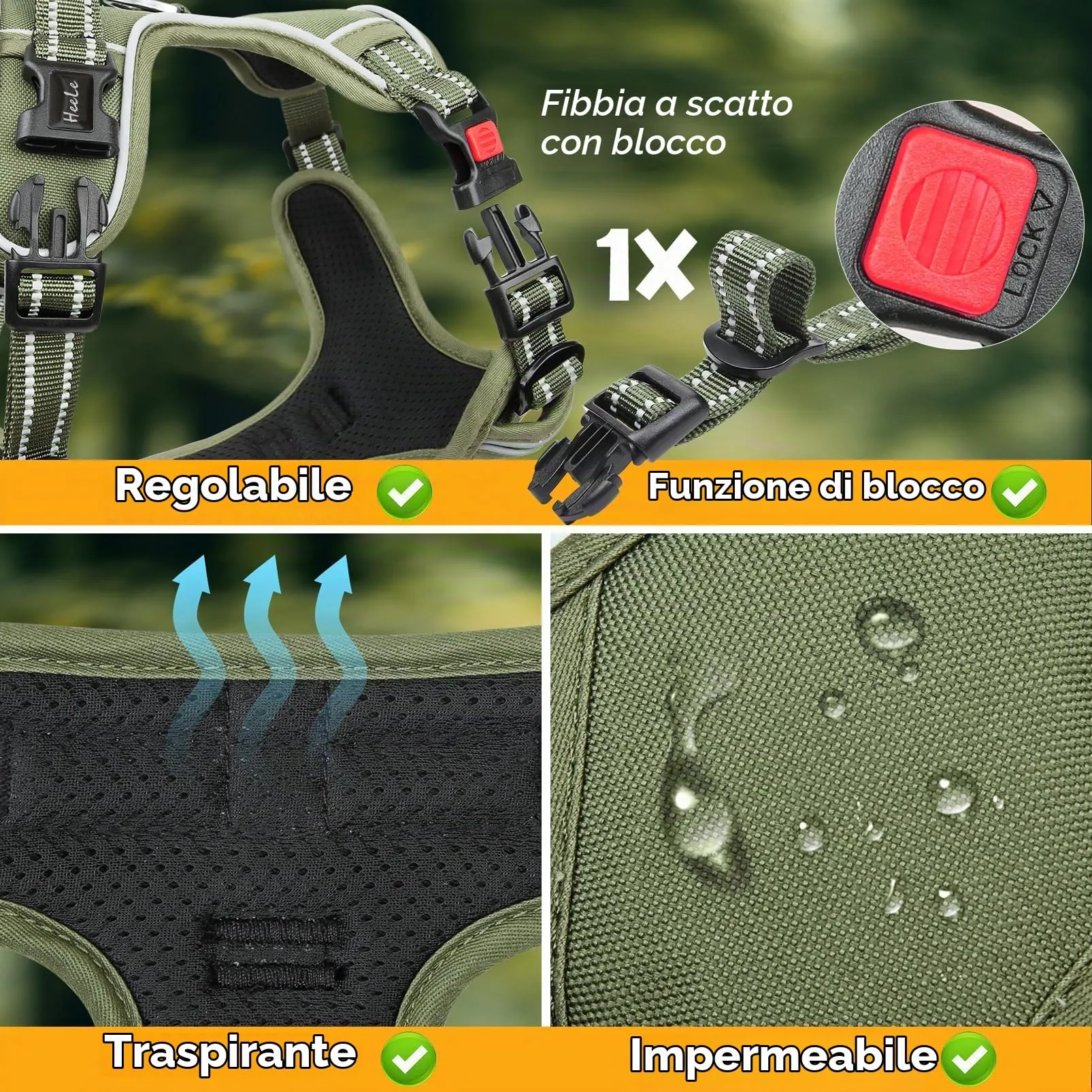 HEELE Pettorina Cane No-Pull Regolabile Riflettente, Verde-Serratura, S - immagine 5