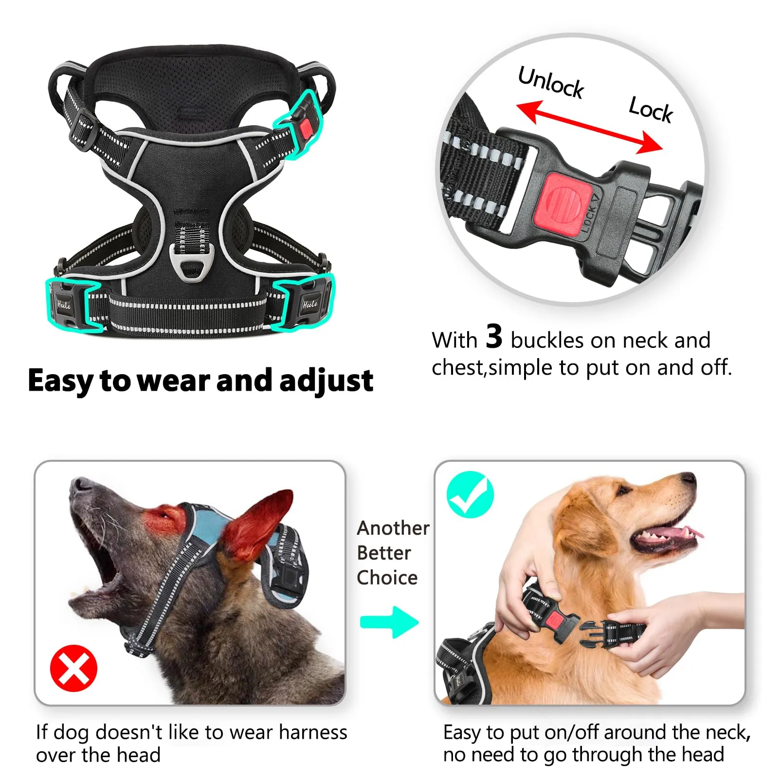 HEELE Pettorina Cane No-Pull Regolabile, Nero-Serratura, M - immagine 4