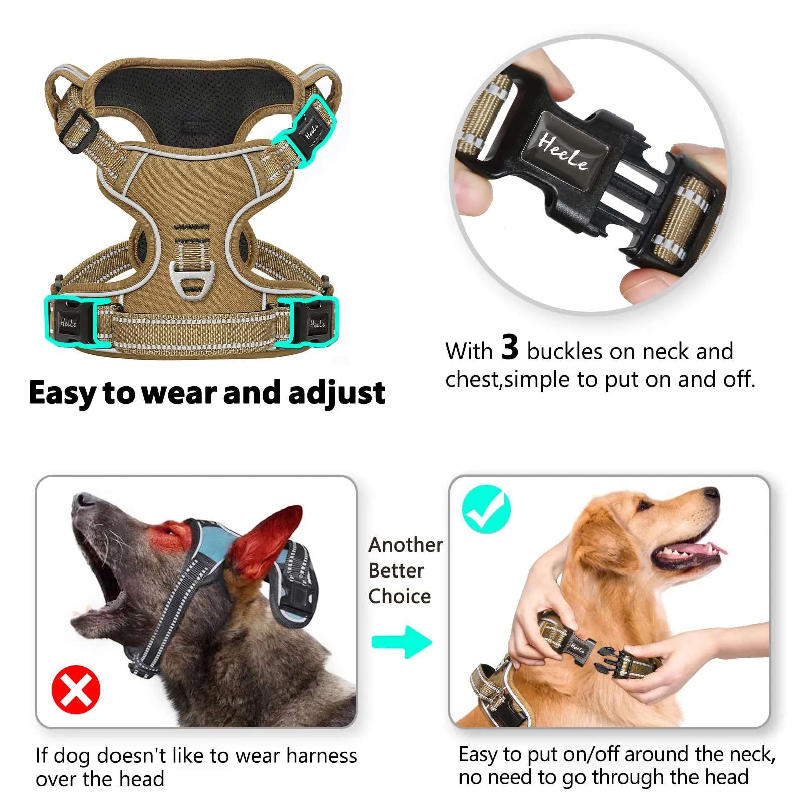 HEELE Pettorina Cane Anti-tiro Riflettente e Regolabile, Imbracatura con Sgancio Rapido dal Collo e Maniglia, Morbida e Imbottita, Marrone XS - immagine 4