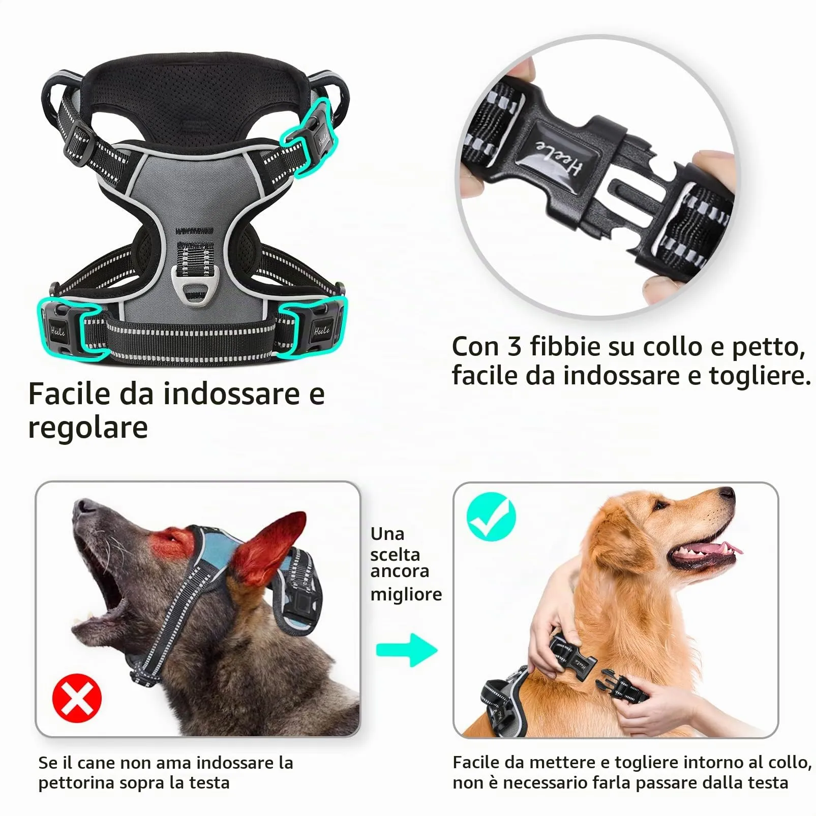 HEELE Pettorina Cane Anti-tiro Riflettente e Regolabile con Maniglia, Grigio XL - immagine 4