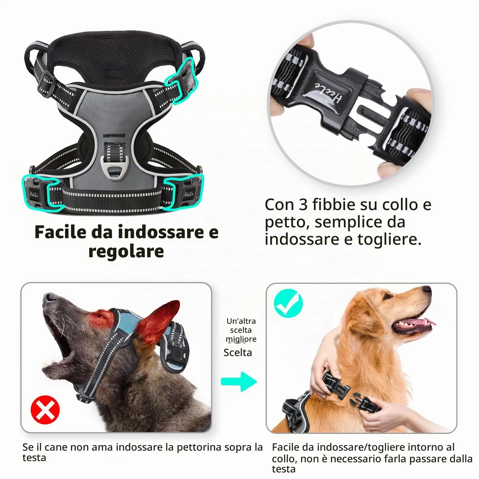 HEELE Pettorina Cane Anti-tiro Riflettente e Regolabile, Imbracatura con Sgancio Rapido dal Collo e Maniglia, Imbottita per Cani Piccola Media Grande, Grigio L - immagine 2