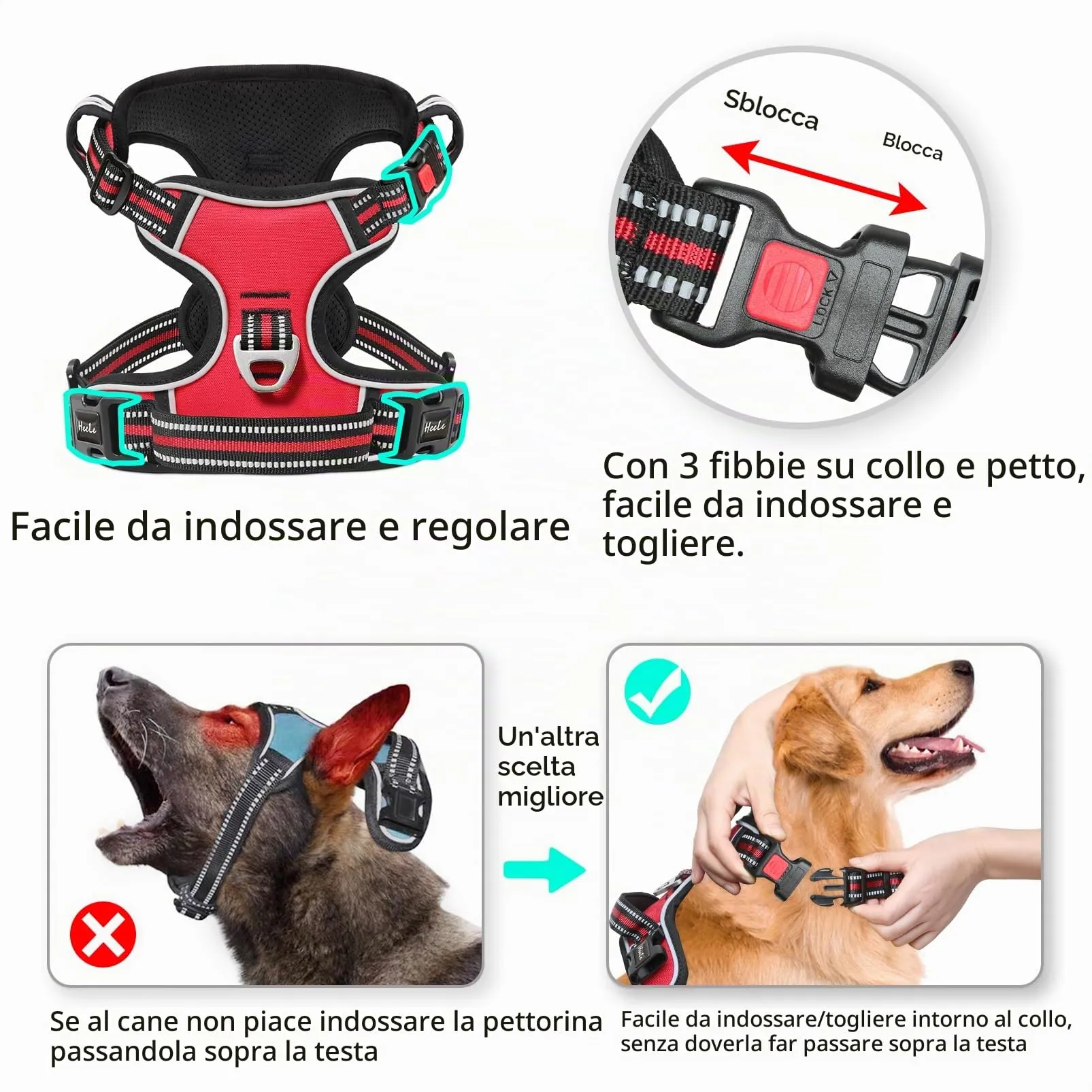 HEELE Pettorina Cane No-Pull Regolabile Riflettente, Rosso-Serratura, L - immagine 3
