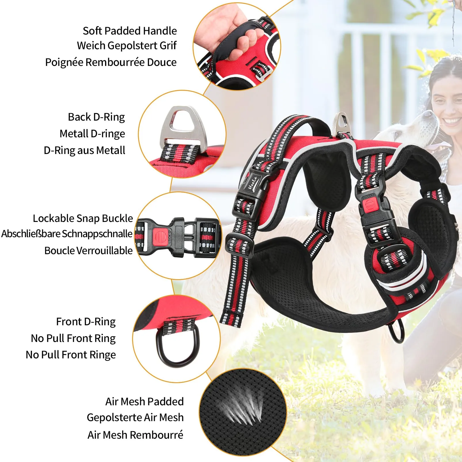 HEELE Pettorina per Cani No-Pull Regolabile e Riflettente, Rosso, M - immagine 2