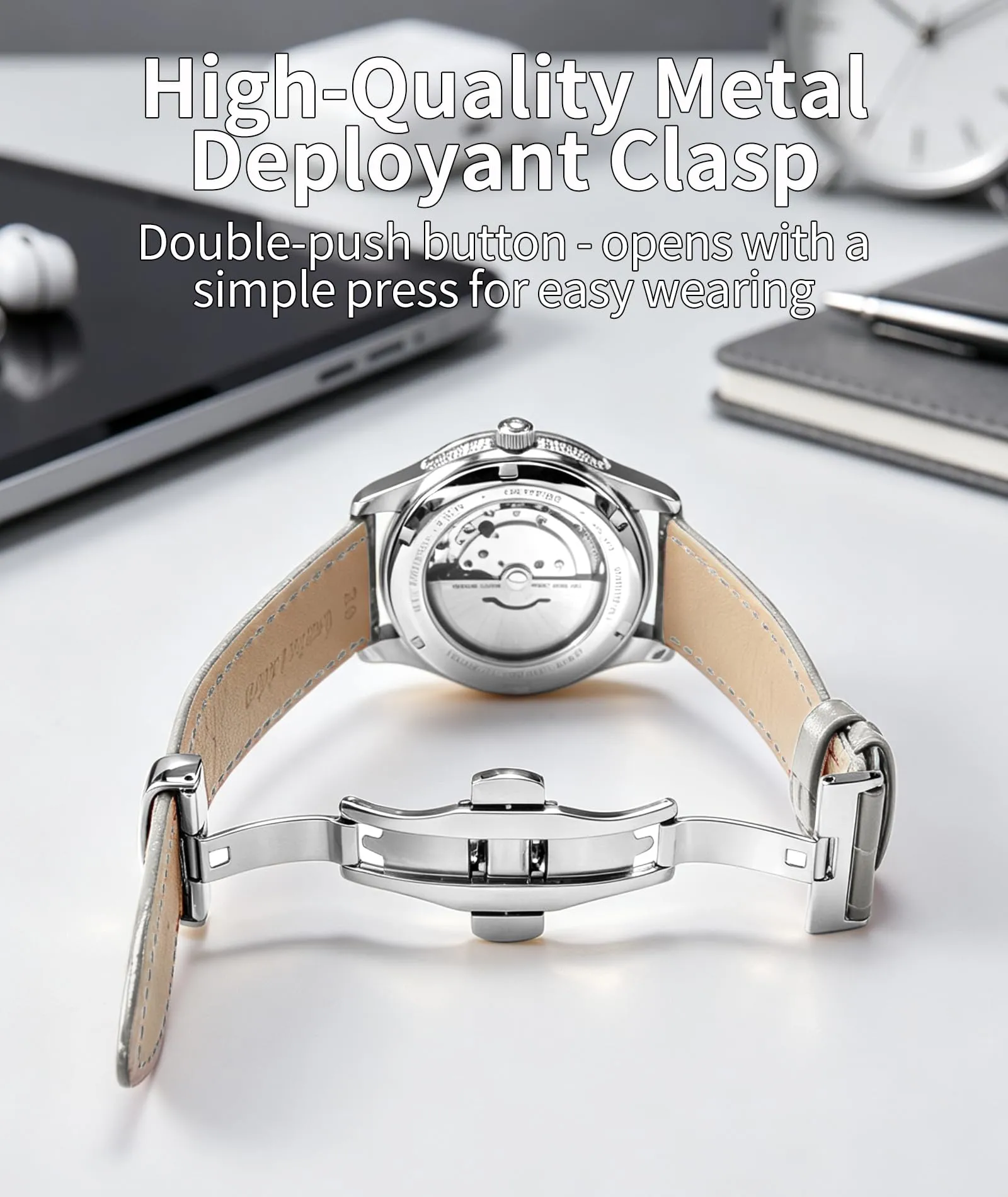 BINLUN Cinturino per Orologio in Pelle con Fibbia a Farfalla, Grigio-Fibbia D'argento, 24mm - immagine 3
