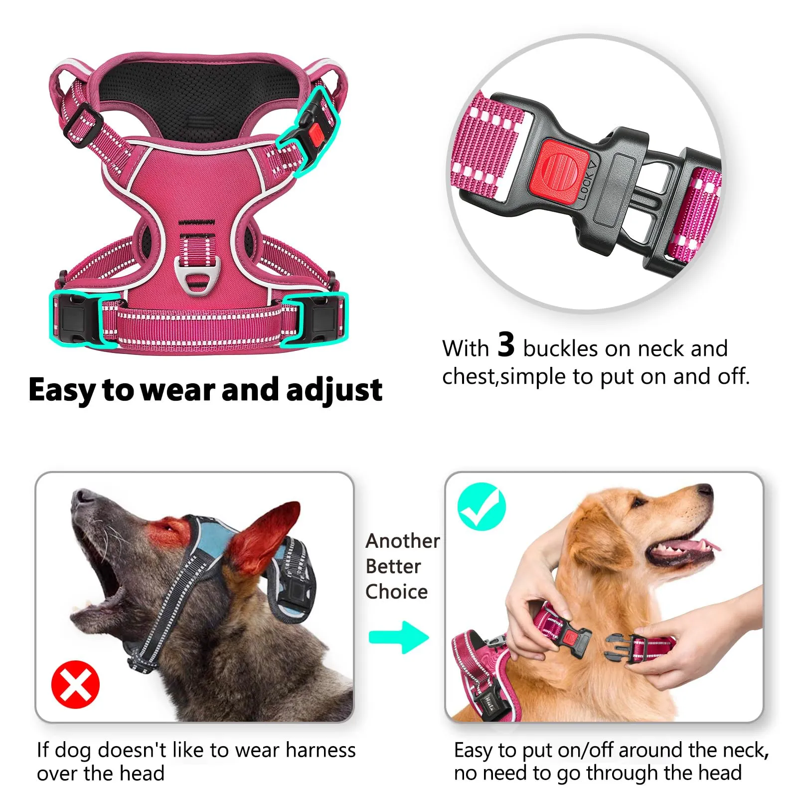 HEELE Pettorina per Cani da Corsa No-Pull, Regolabile e Riflettente, Fucsia, S - immagine 2