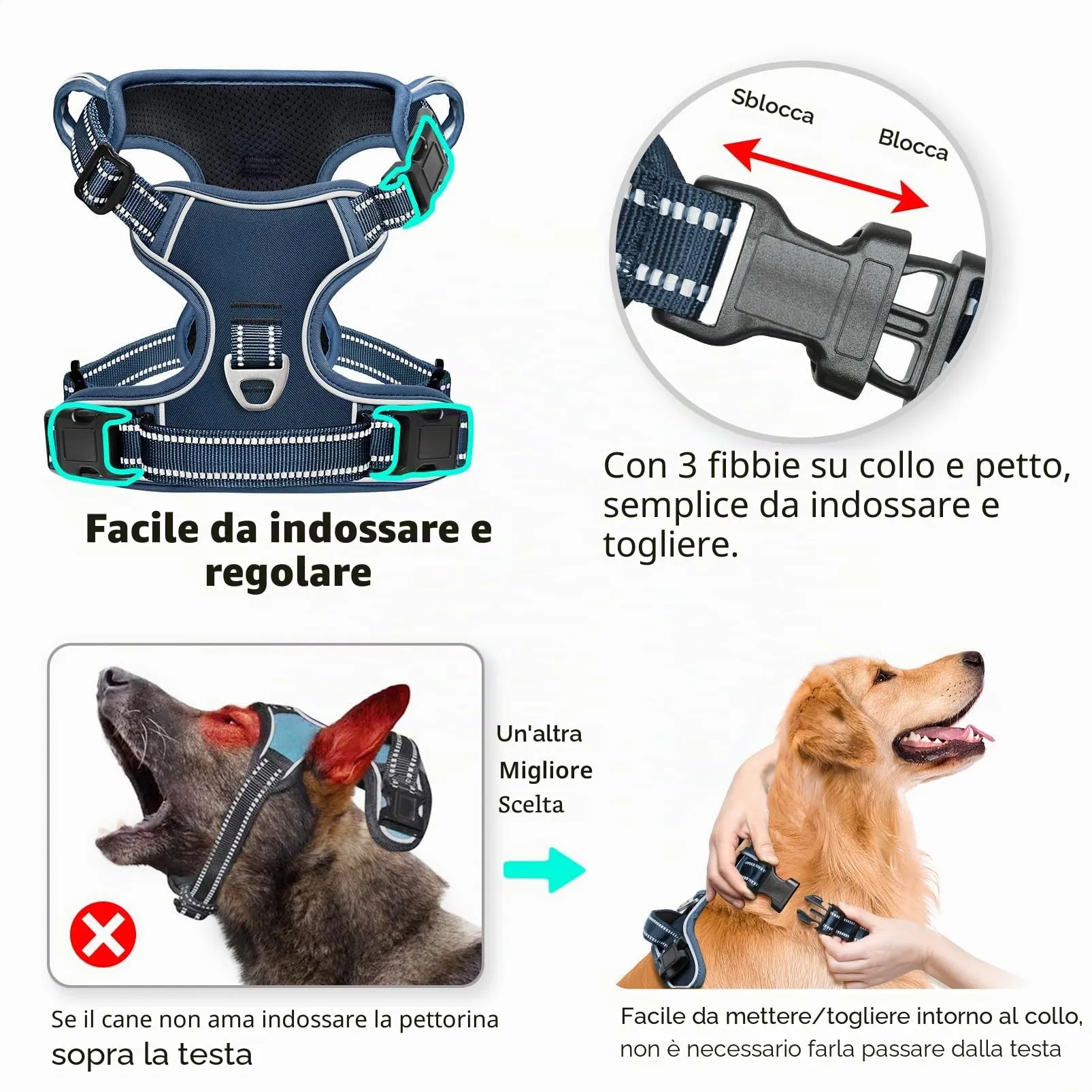 HEELE Pettorina Cane Anti-tiro Riflettente e Regolabile con Maniglia, Blu Reale, S - immagine 5