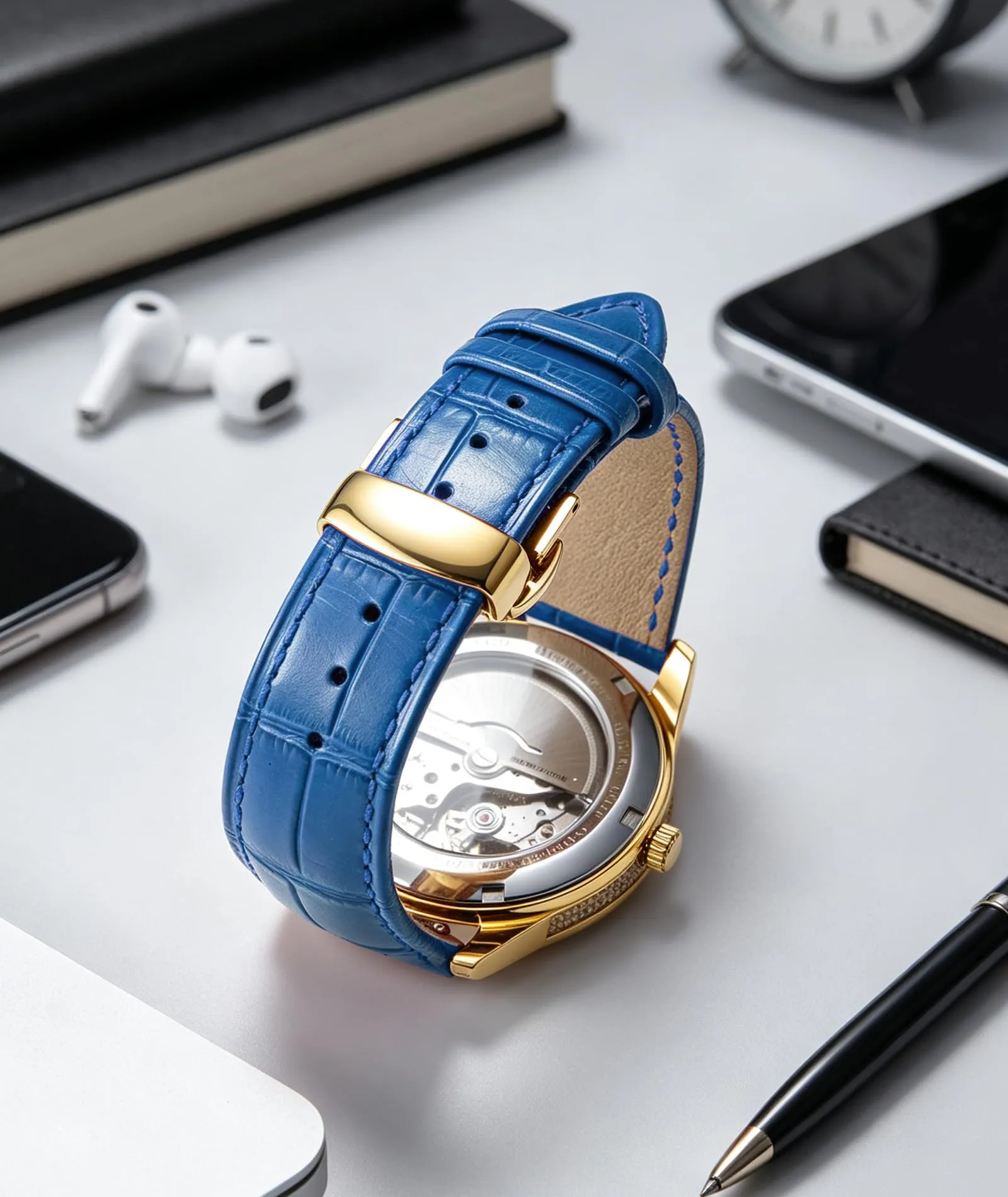 BINLUN Cinturino in Pelle per Orologio con Fibbia a Farfalla, 23mm, Blu-Fibbia In Oro - immagine 4
