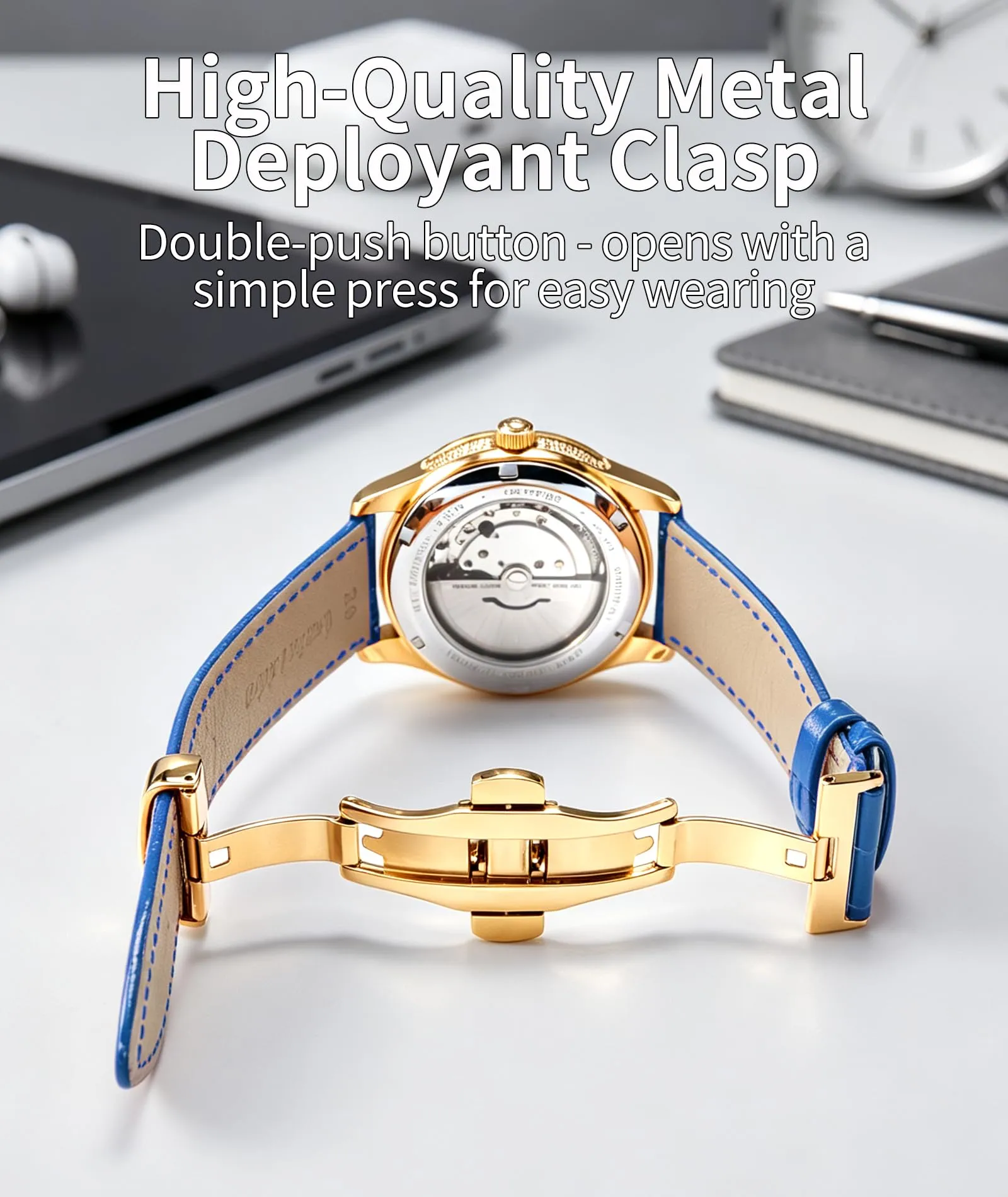 BINLUN Cinturino per Orologio in Pelle con Fibbia a Farfalla, 15mm, Blu-Fibbia in Oro - immagine 3