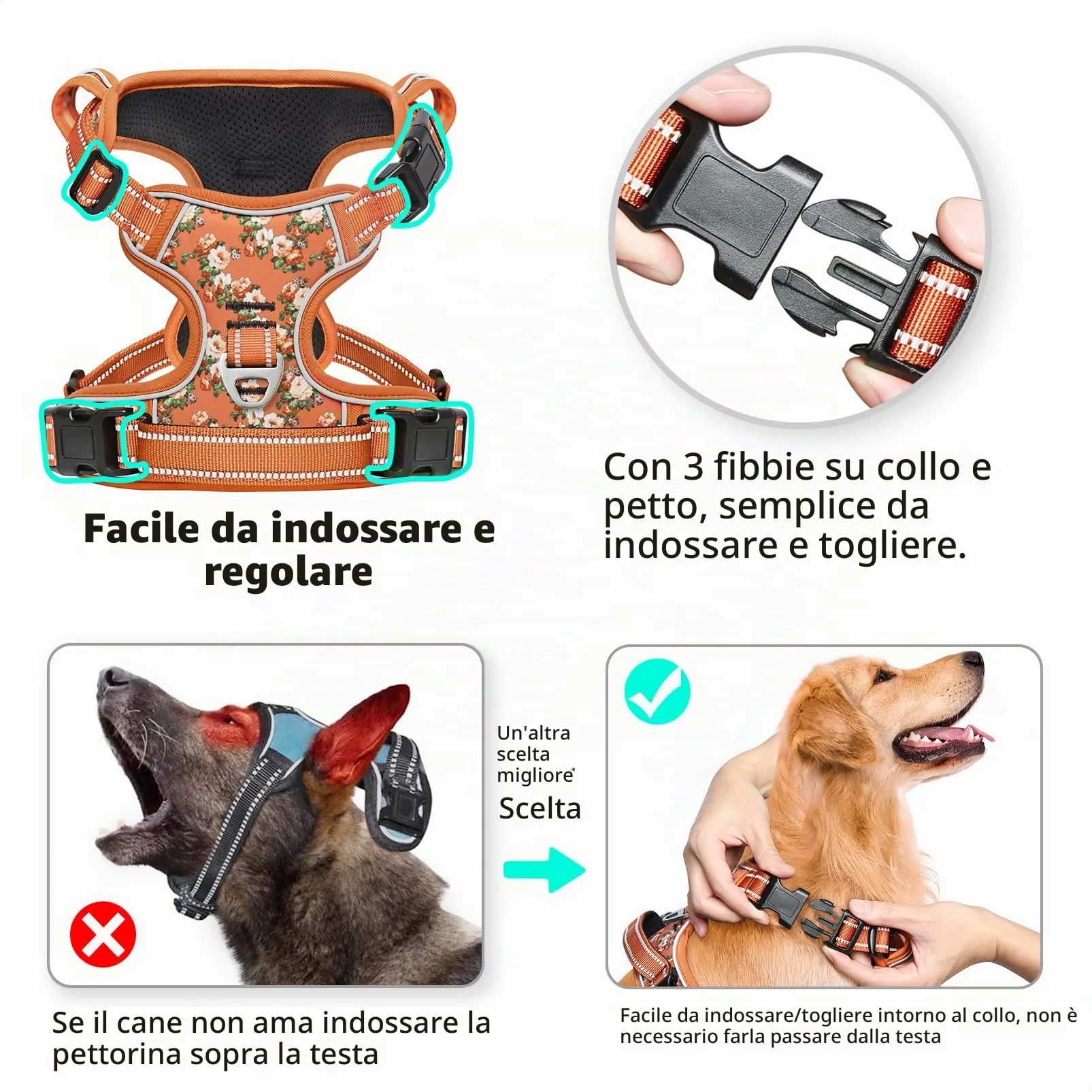 HEELE Imbracatura per Cani Anti-tiro Riflettente e Regolabile, Sgancio Rapido dal Collo, Imbottita con Maniglia, Floreale-Arancione L - immagine 4
