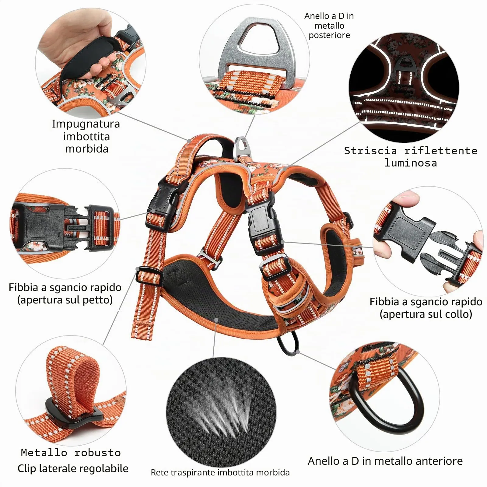HEELE Imbracatura per Cani Anti-tiro Riflettente e Regolabile, Sgancio Rapido dal Collo, Imbottita con Maniglia, Floreale-Arancione L - immagine 5