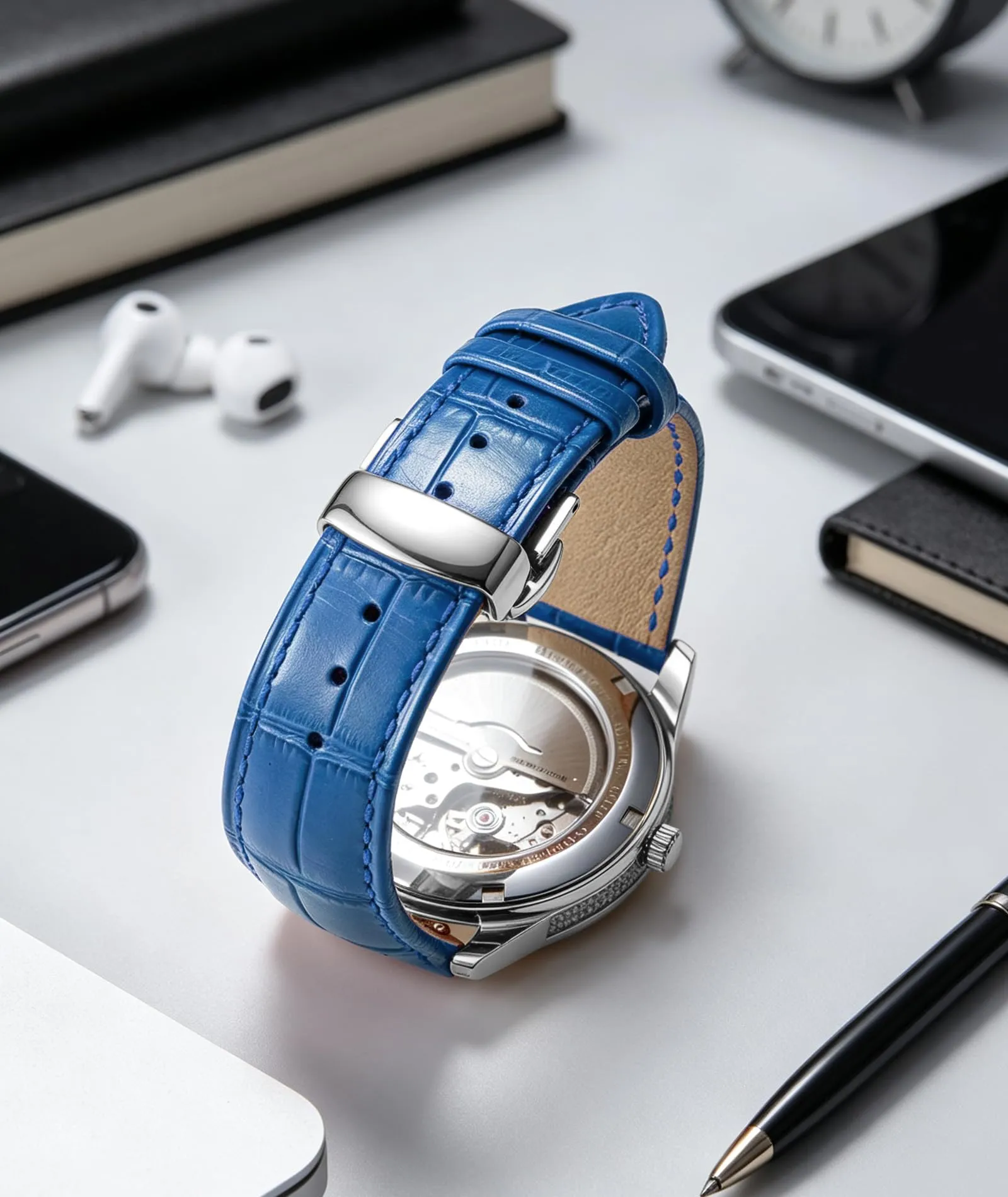 BINLUN Cinturino in Pelle per Orologio con Fibbia a Farfalla, 24mm, Blu-Fibbia D'argento - immagine 4