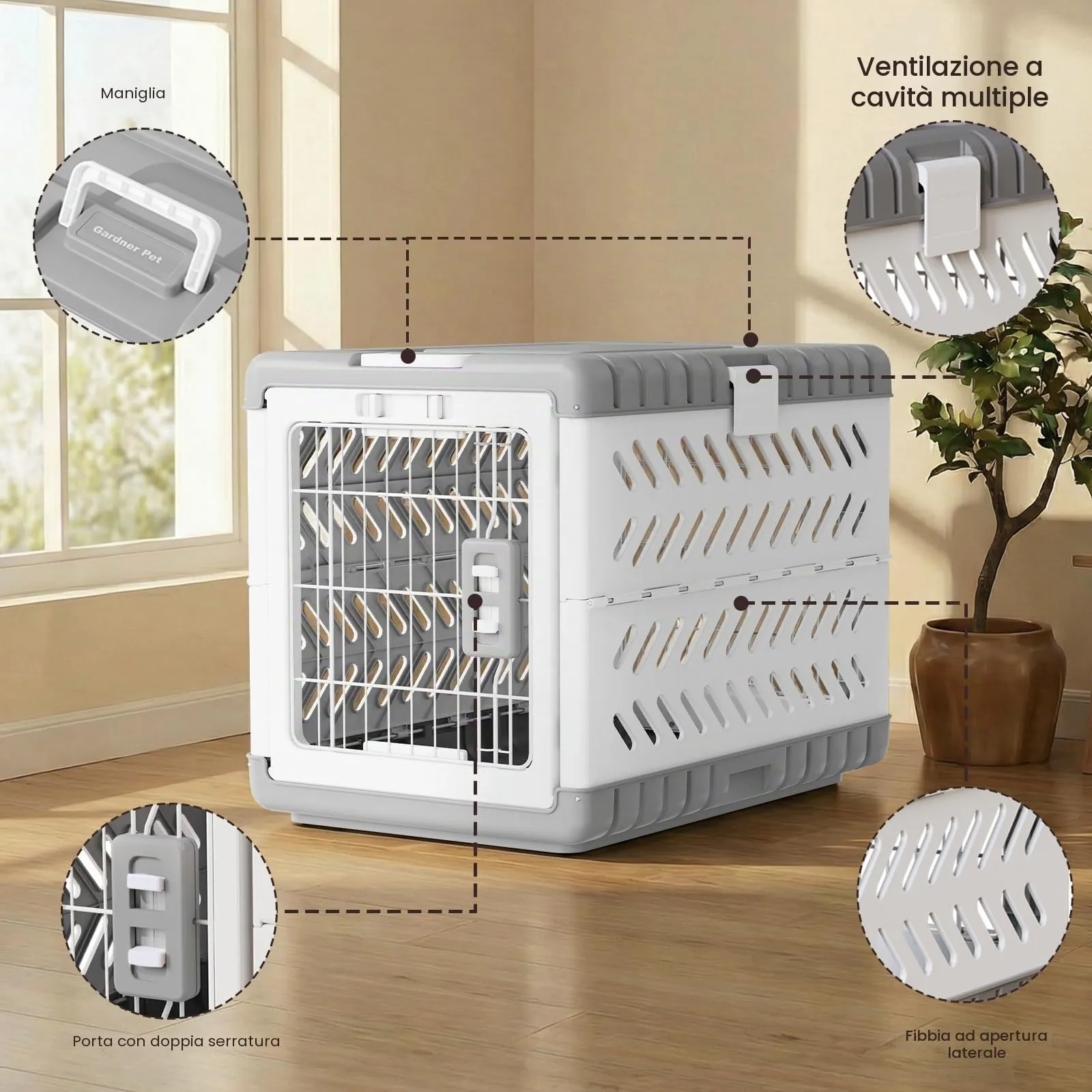 Gardner Pet Trasportino Pieghevole per Cani Media/Grande, 71x46x53cm, Grigio - immagine 2