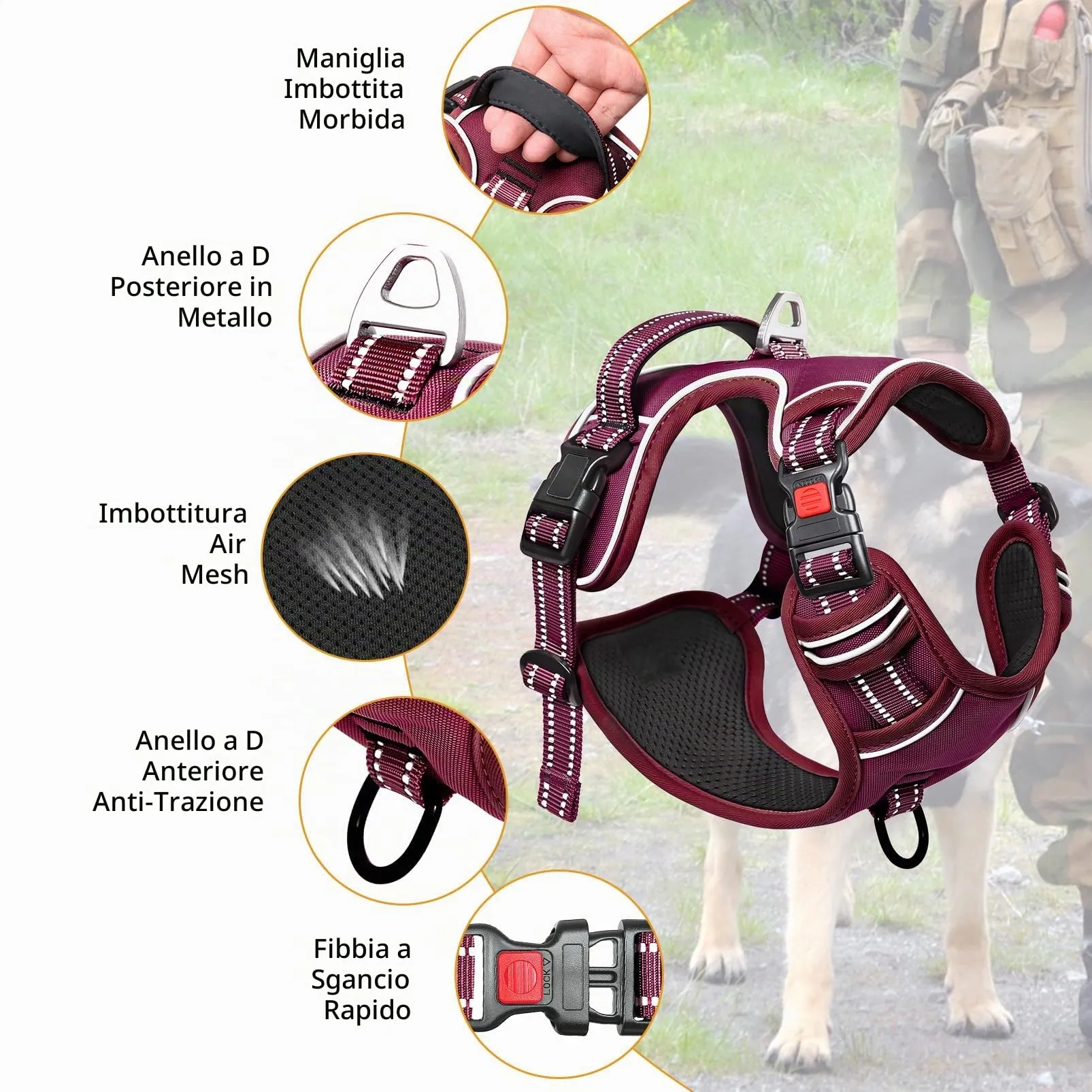 HEELE Pettorina per Cani da Corsa No-Pull, Regolabile e Riflettente, Rosso Borgogna, M - immagine 4