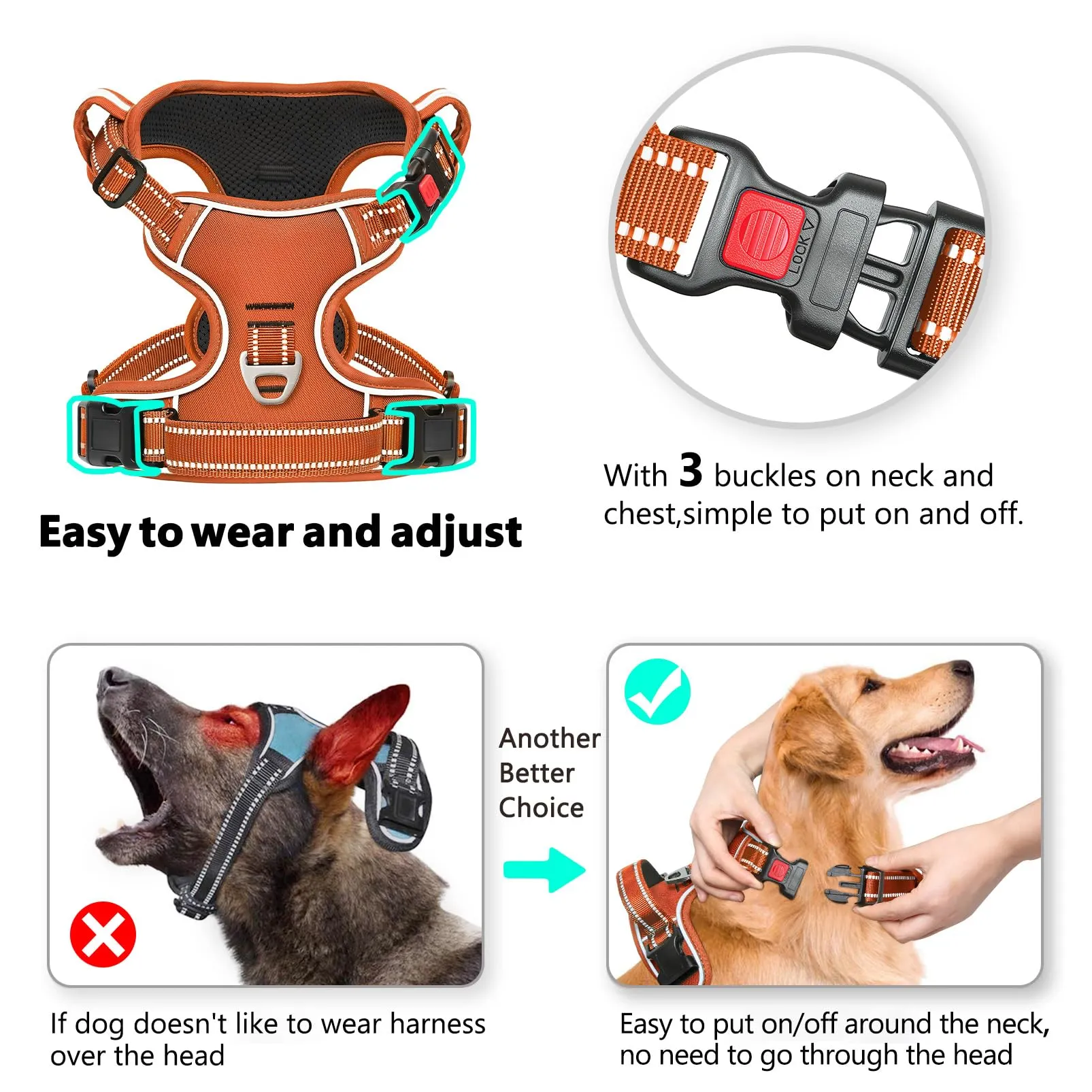 HEELE Pettorina per Cani No-Pull, Riflettente e Regolabile, Zucca Arancione, M - immagine 3