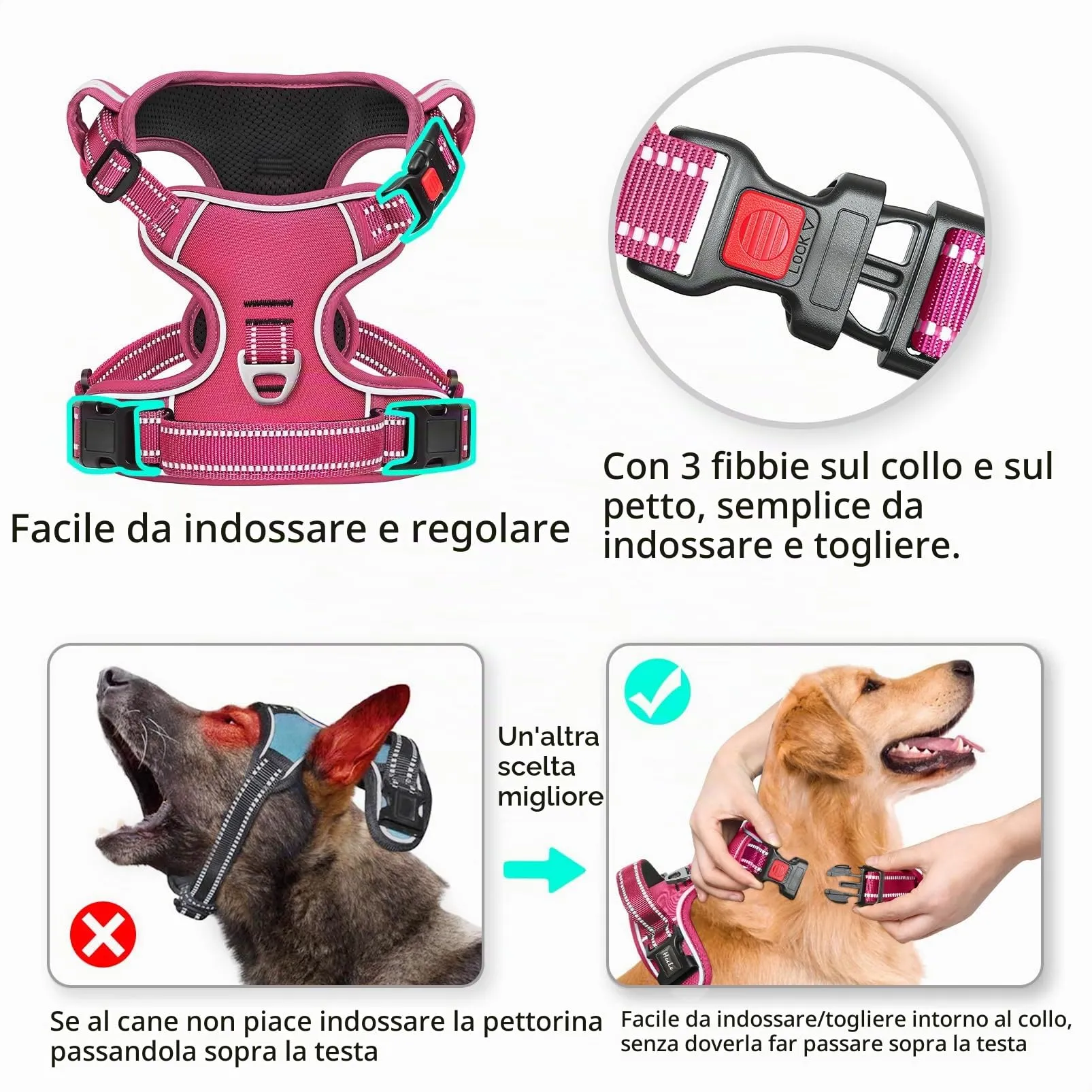 HEELE Pettorina per Cani No-Pull Riflettente Regolabile, Fucsia, M - immagine 3