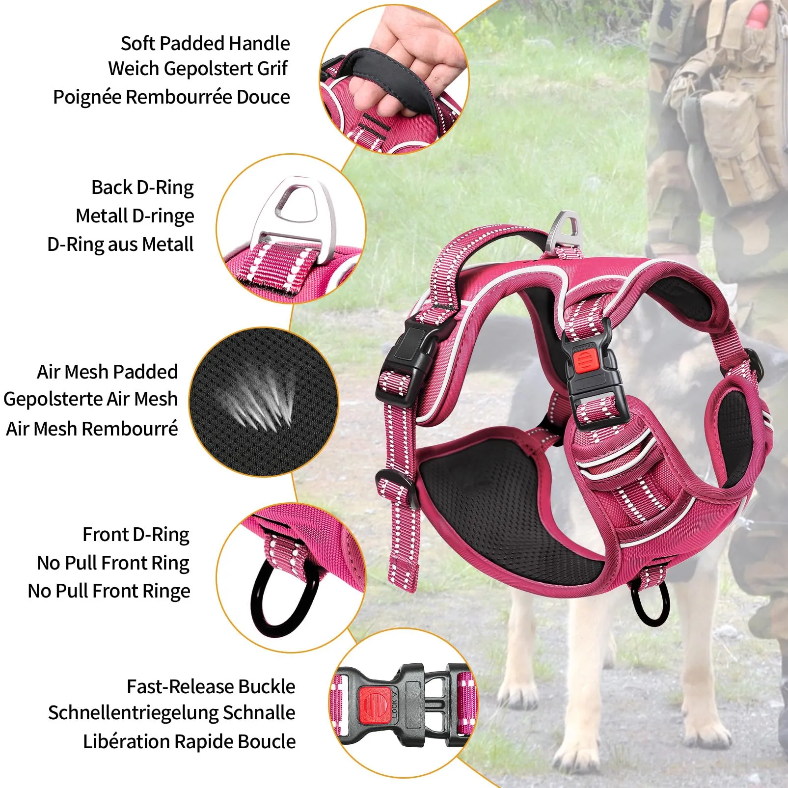 HEELE Pettorina per Cani No-Pull Riflettente Regolabile, Fucsia, M - immagine 4