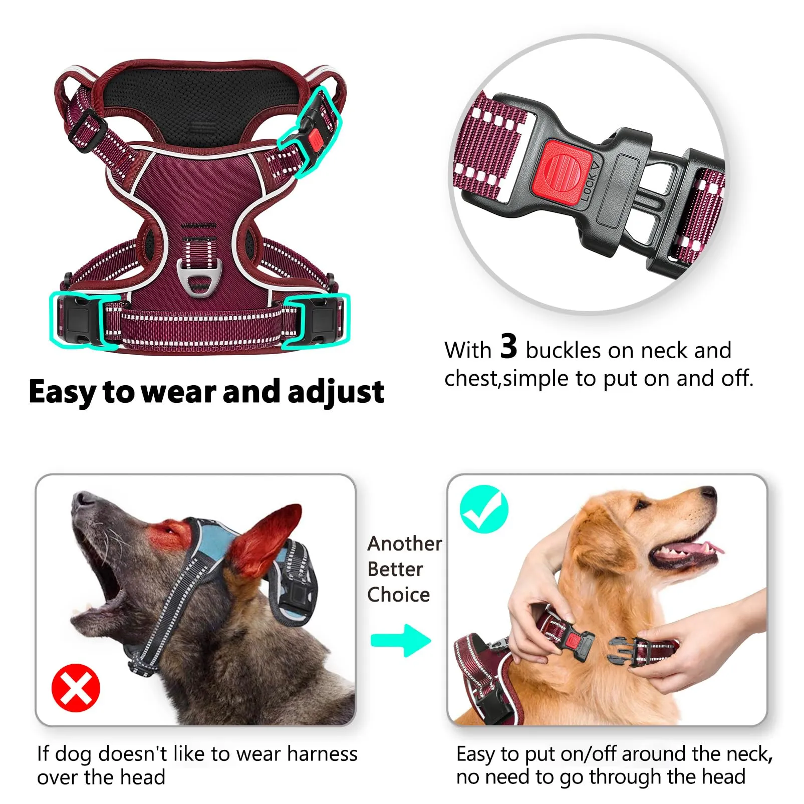 HEELE Pettorina per Cani da Corsa, Regolabile, Riflettente, No-Pull, Rosso Borgogna, S - immagine 2