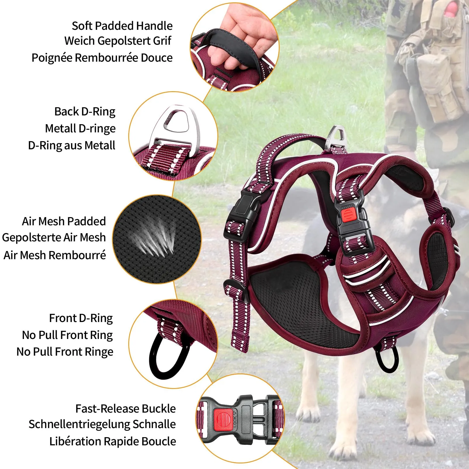 HEELE Pettorina per Cani da Corsa, Regolabile, Riflettente, No-Pull, Rosso Borgogna, S - immagine 3