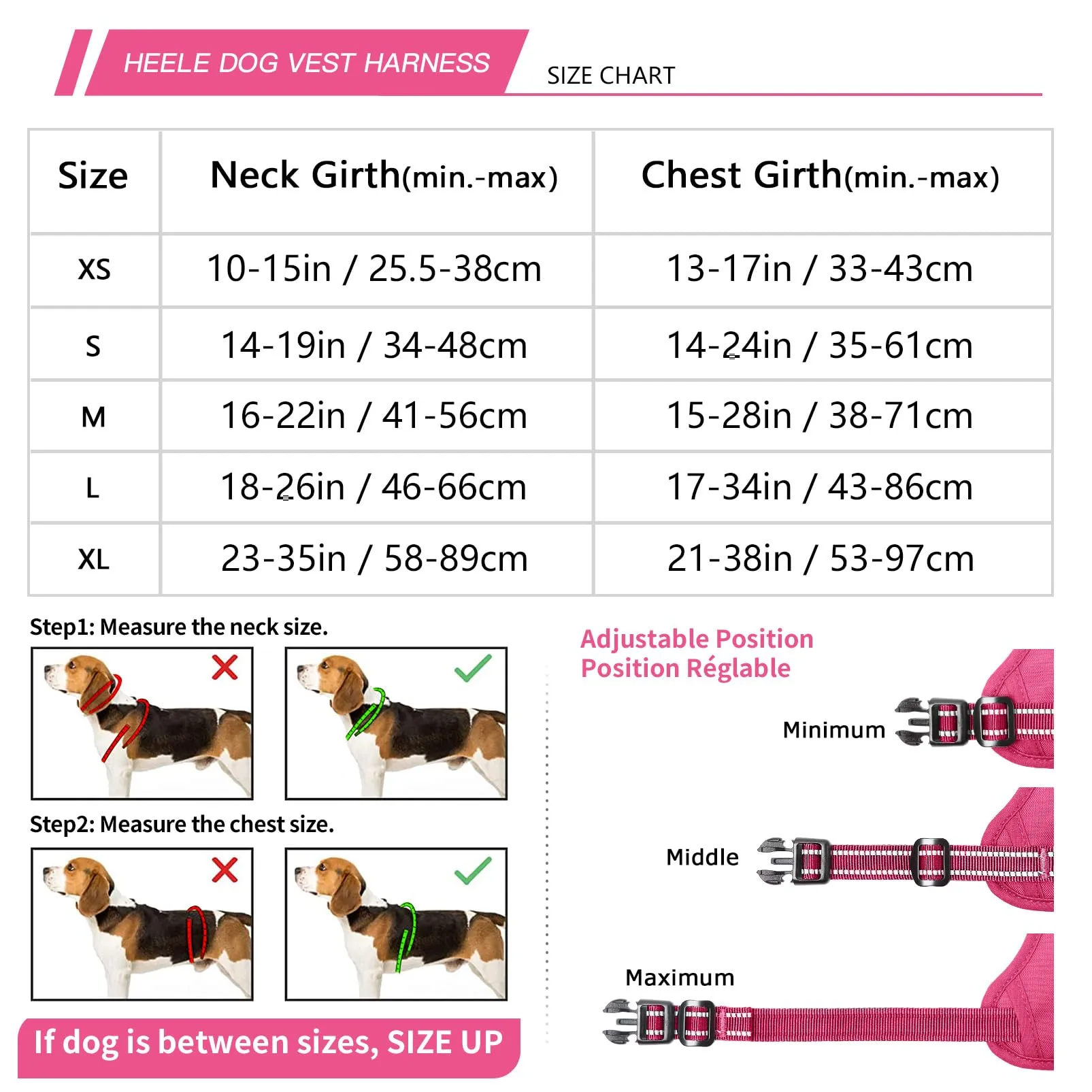 HEELE Pettorina per Cani da Corsa, Regolabile, Riflettente, No-Pull, Fucsia, L - immagine 2