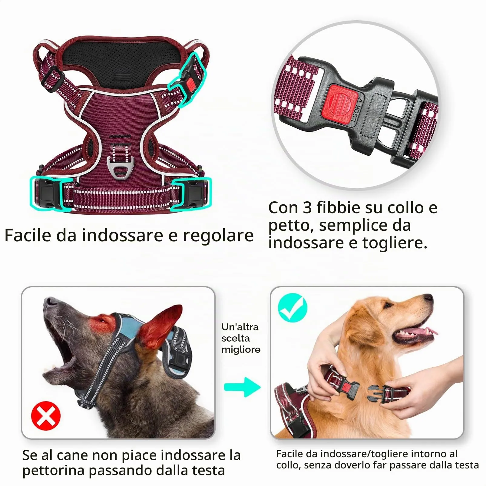 HEELE Pettorina per Cani da Corsa, No-Pull, Riflettente, Rosso Borgogna, L - immagine 2
