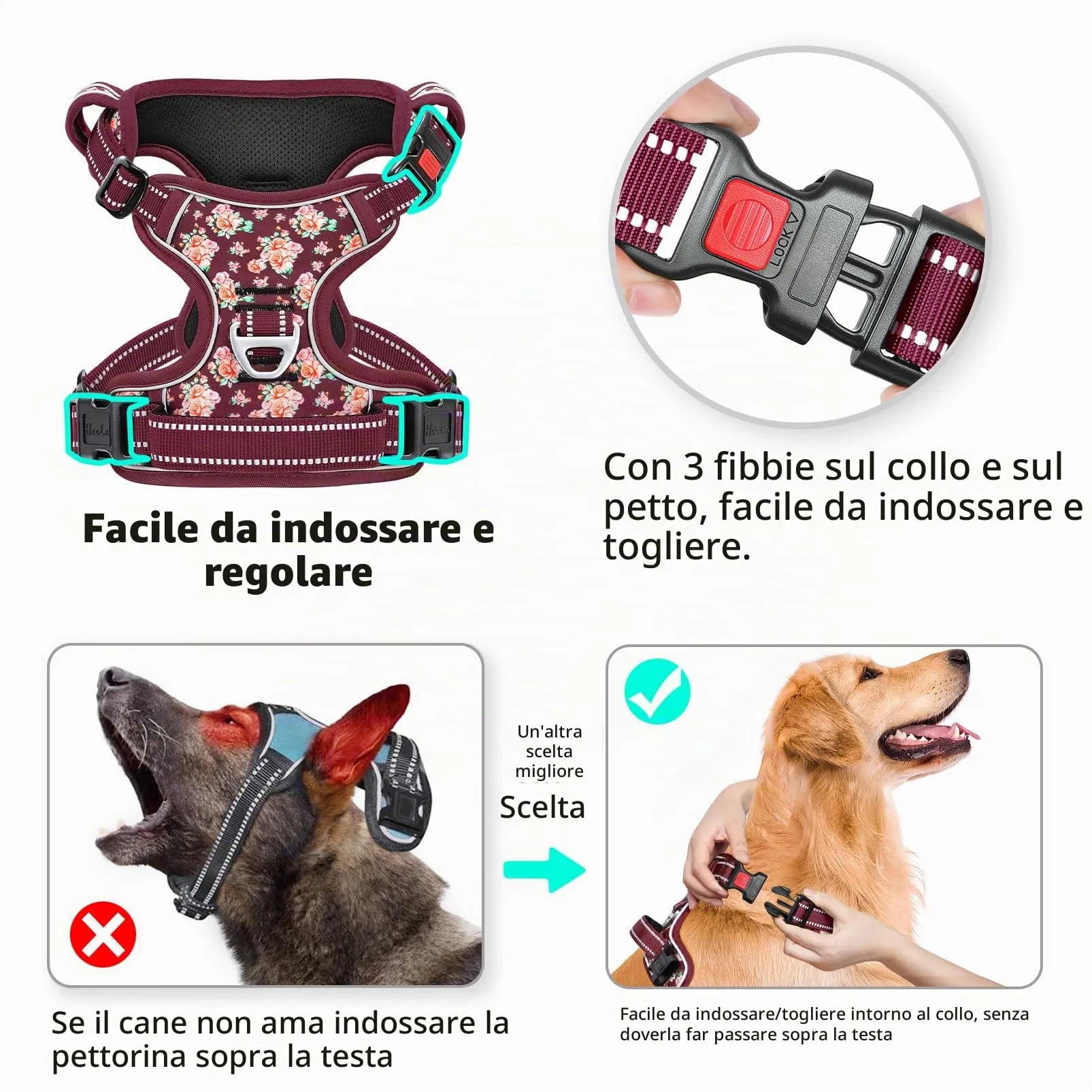 HEELE Pettorina Cane Aperta Sul Collo, Floral Rosso Borgogna-Serratura, L - immagine 3