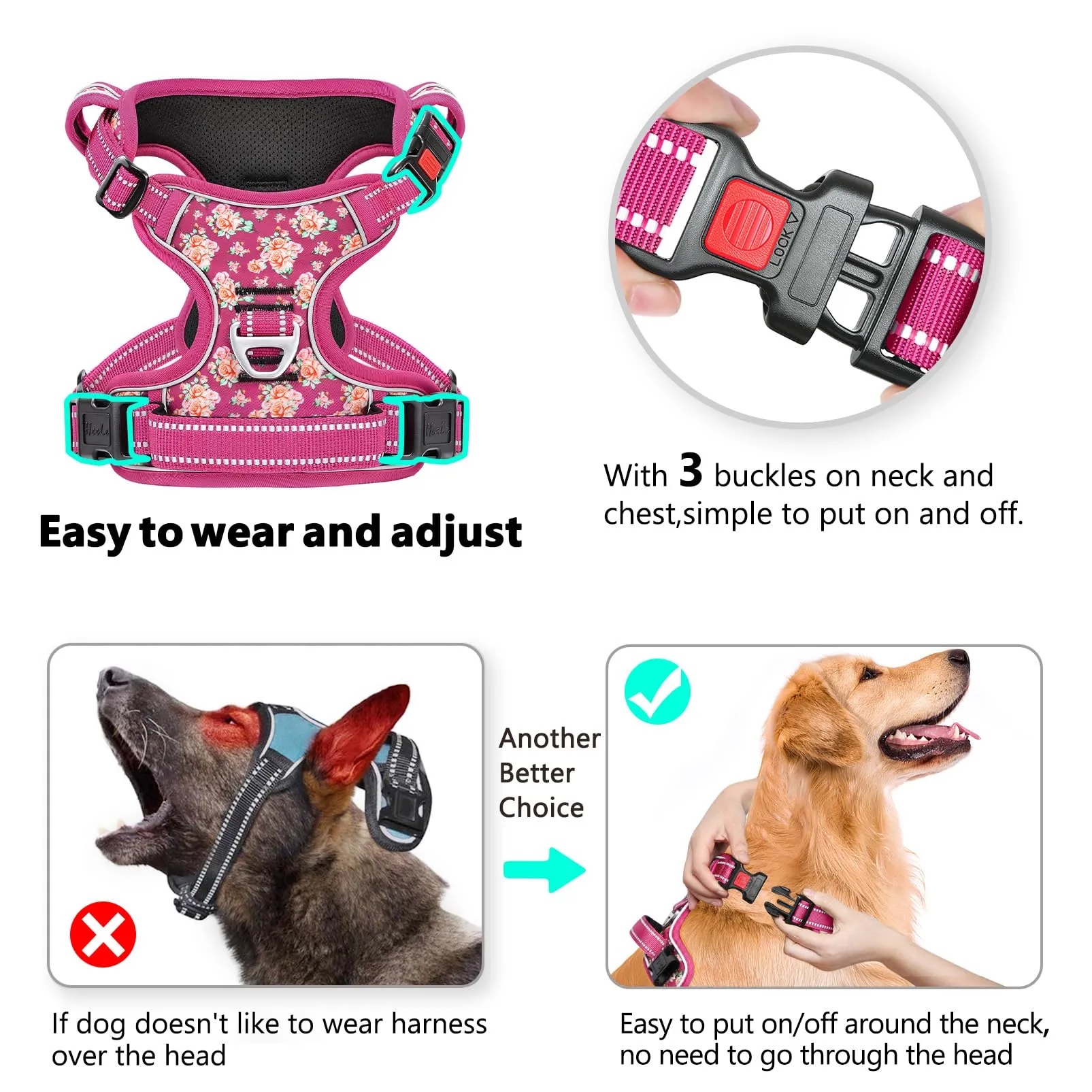 HEELE Pettorina Cane Aperta Sul Collo, Floral Rosso Rosa-Serratura, S - immagine 3