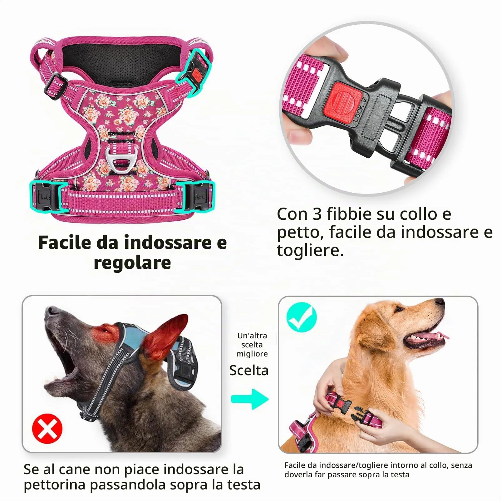HEELE Pettorina Cane Aperta Sul Collo, Floreale Rosso Rosa, M - immagine 4