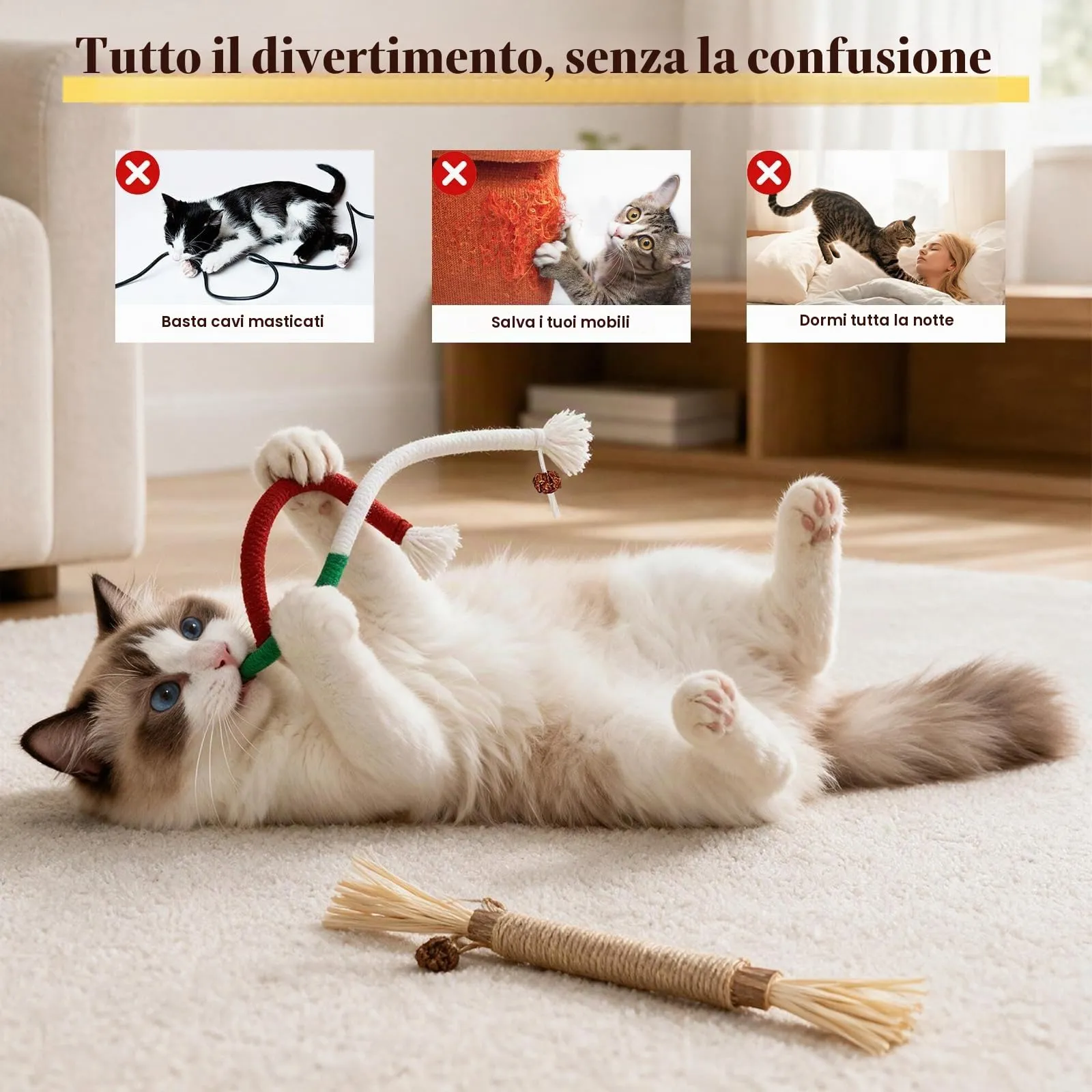 Aidiyapet Giochi per Gatti, 3 Corde da Masticare e 3 Bastoncini Matatabi per Pulizia Denti - immagine 2