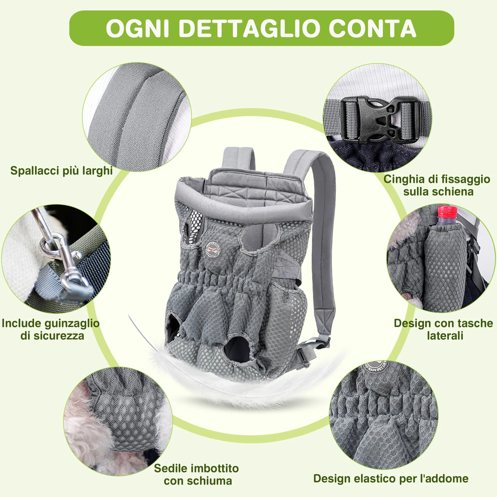 ALLSOPETS Zaino per Cani Frontale, Grigio Argento, L - immagine 3