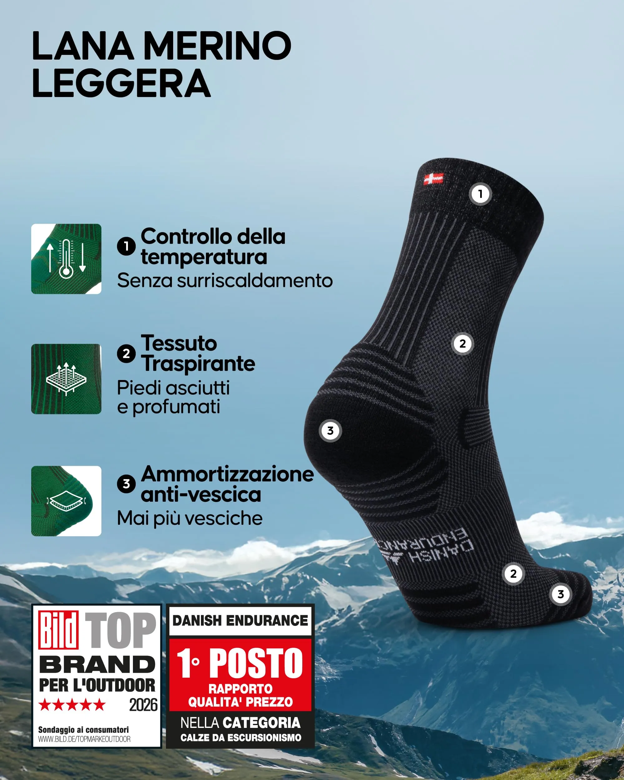 Danish Endurance Calze Trekking Leggere, Nero, 48-51 - immagine 2