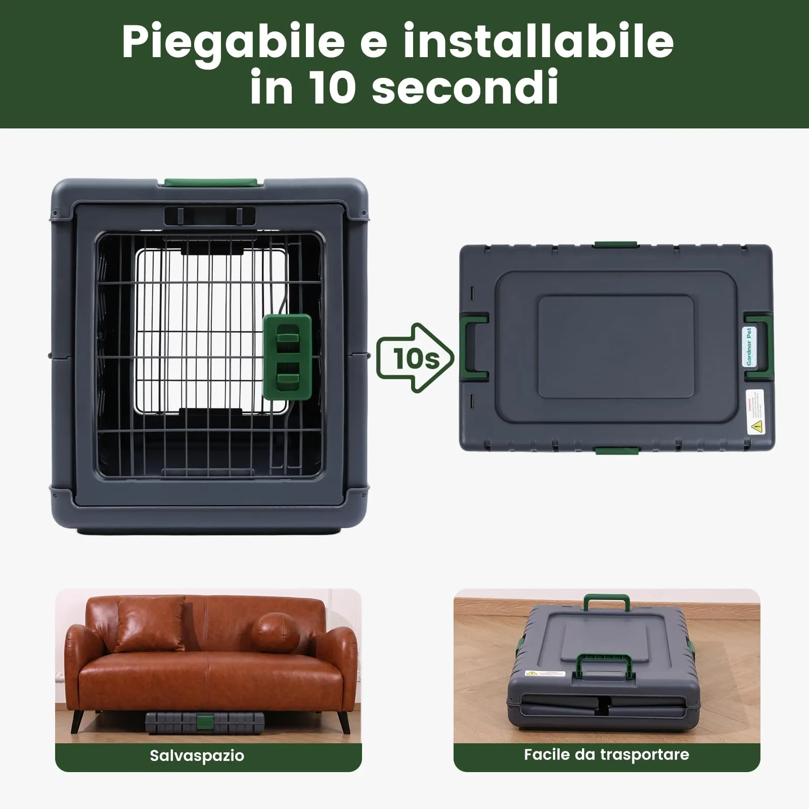Gardner Pet Trasportino Pieghevole per Cani Media/Grande, 71x46x53cm, Verde - immagine 5