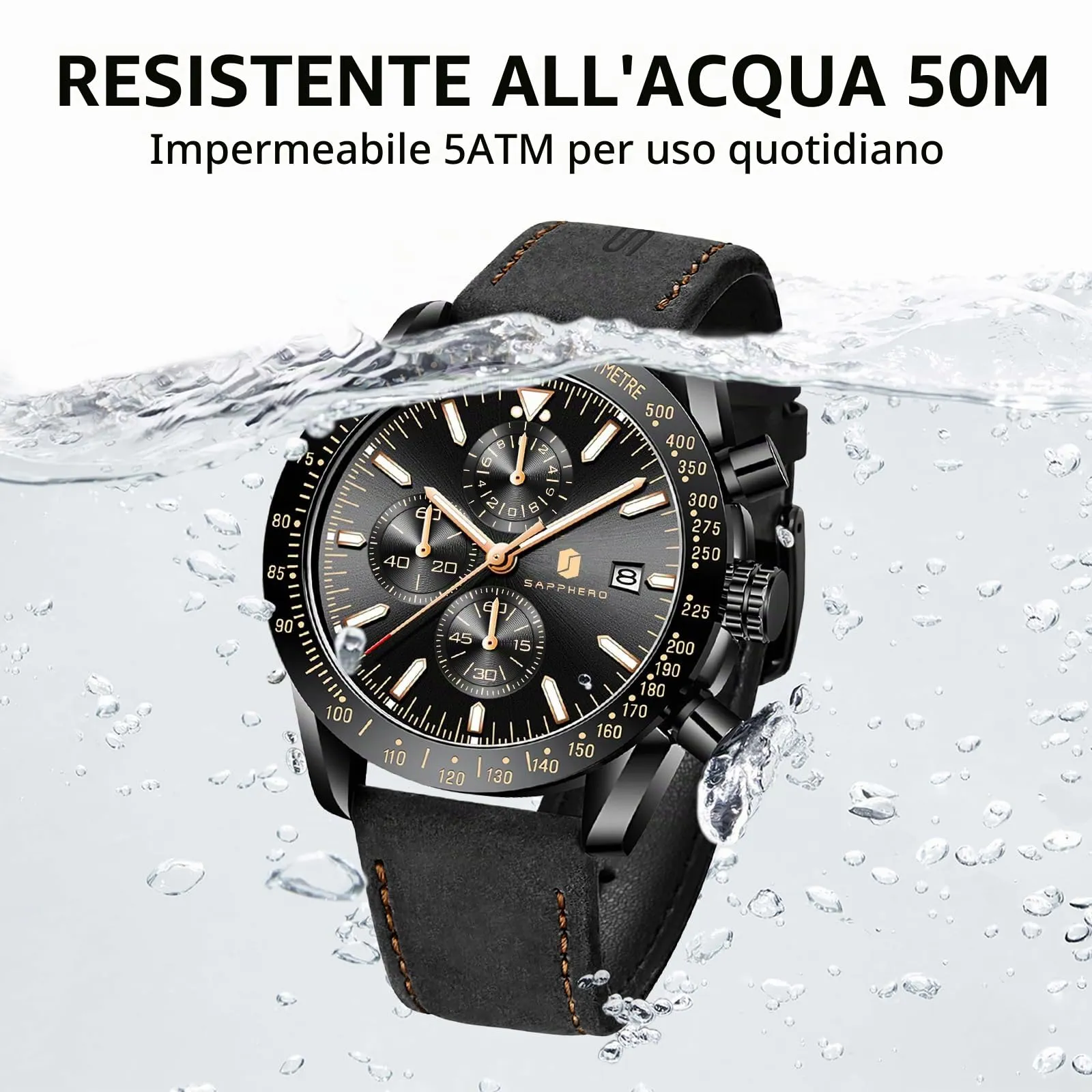 Benyar Orologio Uomo Analogico al Quarzo Cronografo Impermeabile LDSO2218-3 Cinturino in Pelle - immagine 5