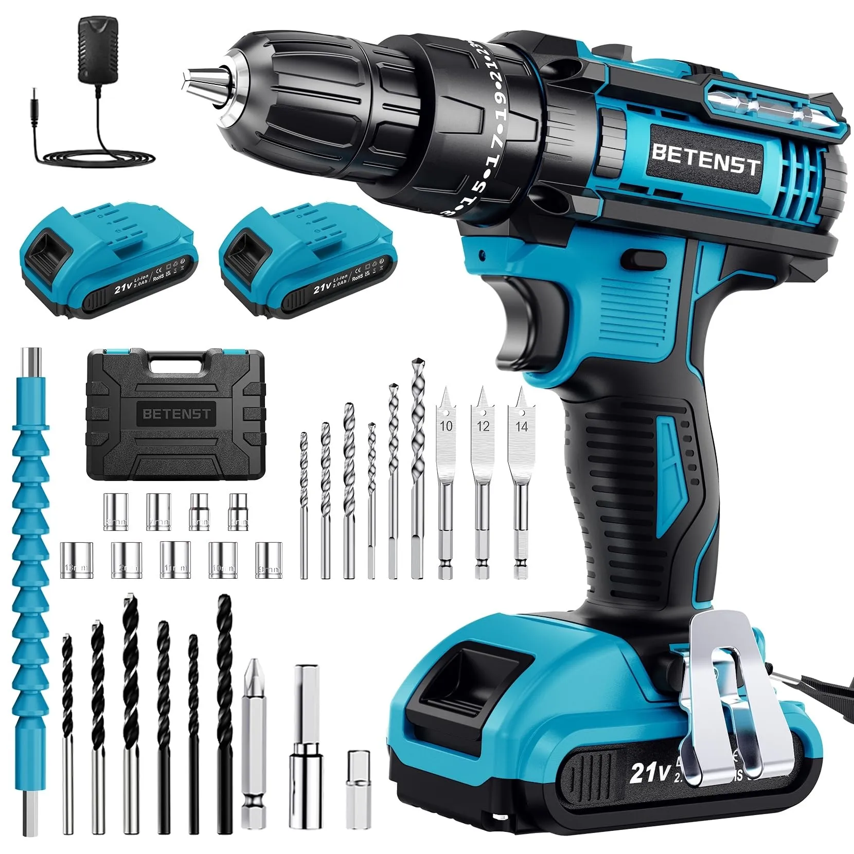 BETENST Trapano Avvitatore a Percussione 21V, 42N.m, Mandrino 10mm, 2 Batterie 2.0Ah, 30 Accessori - immagine 1