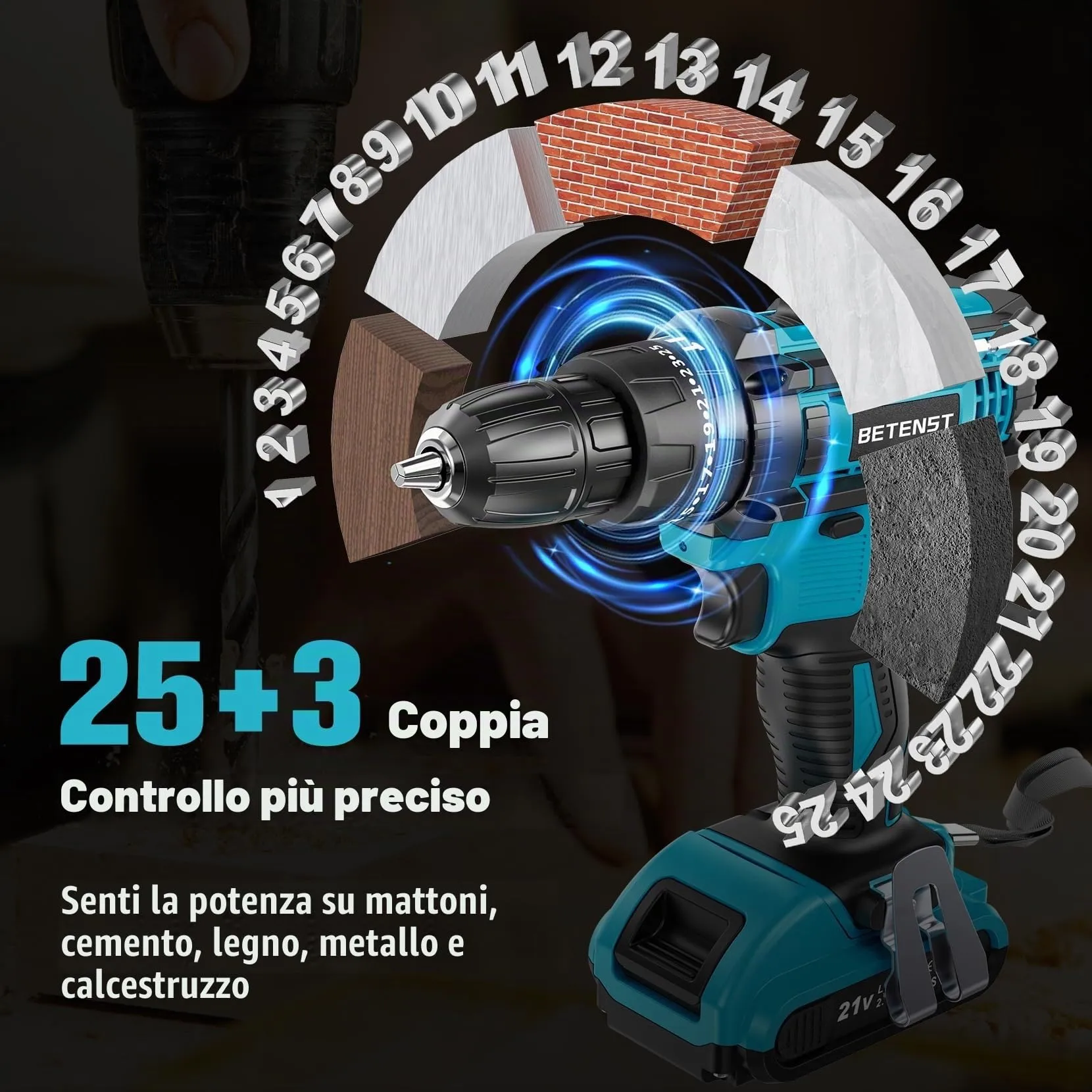 BETENST Trapano Avvitatore a Percussione 21V, 42N.m, Mandrino 10mm, 2 Batterie 2.0Ah, 30 Accessori - immagine 2