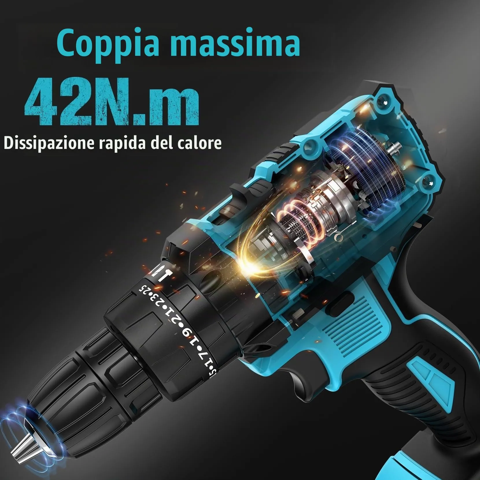 BETENST Trapano Avvitatore a Percussione 21V, 42N.m, Mandrino 10mm, 2 Batterie 2.0Ah, 30 Accessori - immagine 3