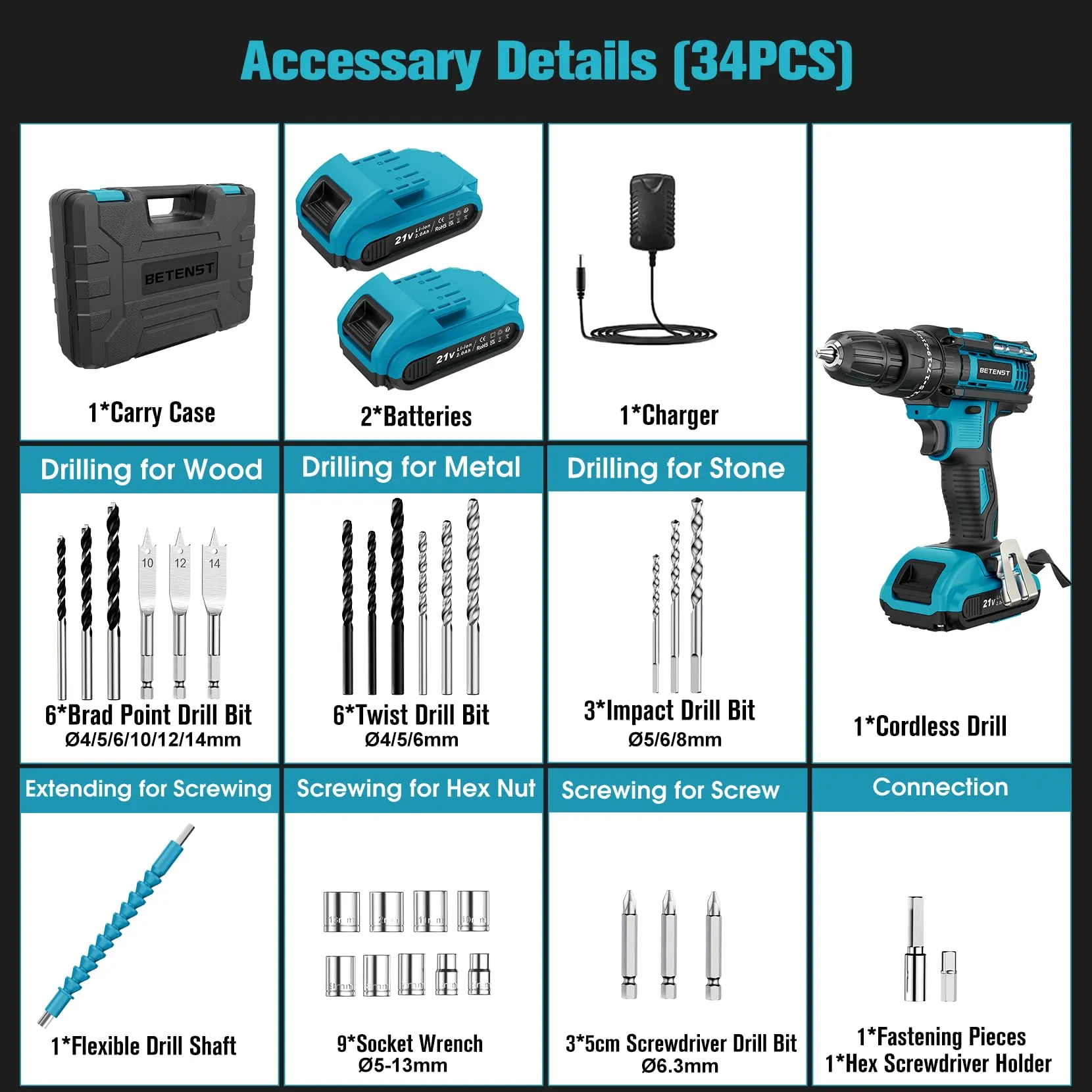 BETENST Trapano Avvitatore a Percussione 21V, 42N.m, Mandrino 10mm, 2 Batterie 2.0Ah, 30 Accessori - immagine 4