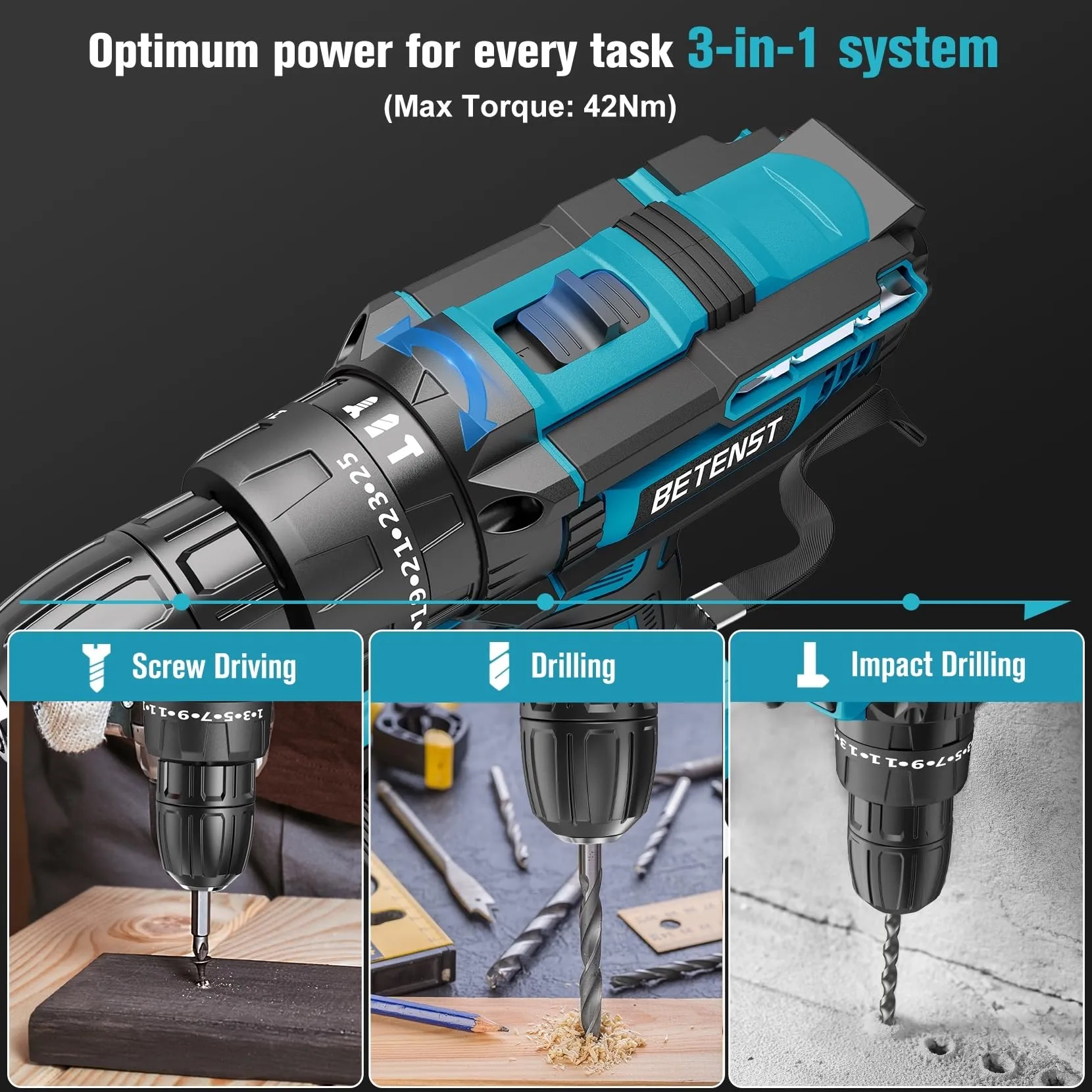 BETENST Trapano Avvitatore a Percussione 21V, 42N.m, Mandrino 10mm, 2 Batterie 2.0Ah, 30 Accessori - immagine 5