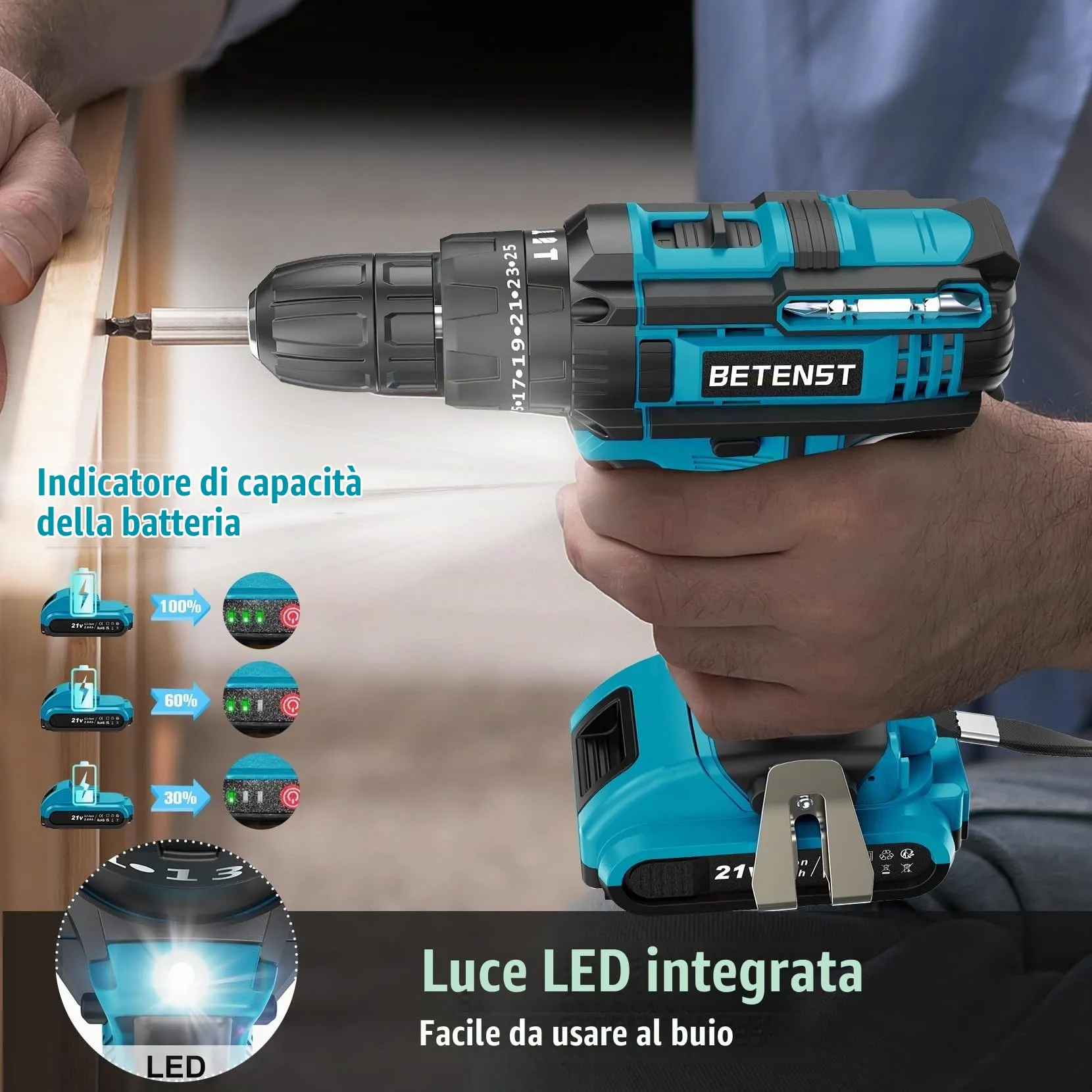 BETENST Trapano Avvitatore a Percussione 21V, 42N.m, Mandrino 10mm, 2 Batterie 2.0Ah, 30 Accessori - immagine 8