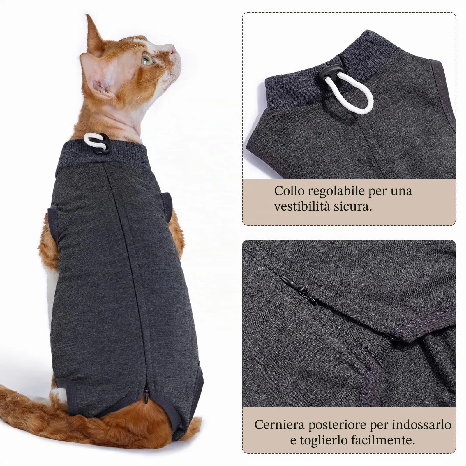Cyponpy Tutina Chirurgica Postoperatoria per Gatti, Gilet di Recupero in Cotone Lavabile, Grigio, Taglia S - immagine 3