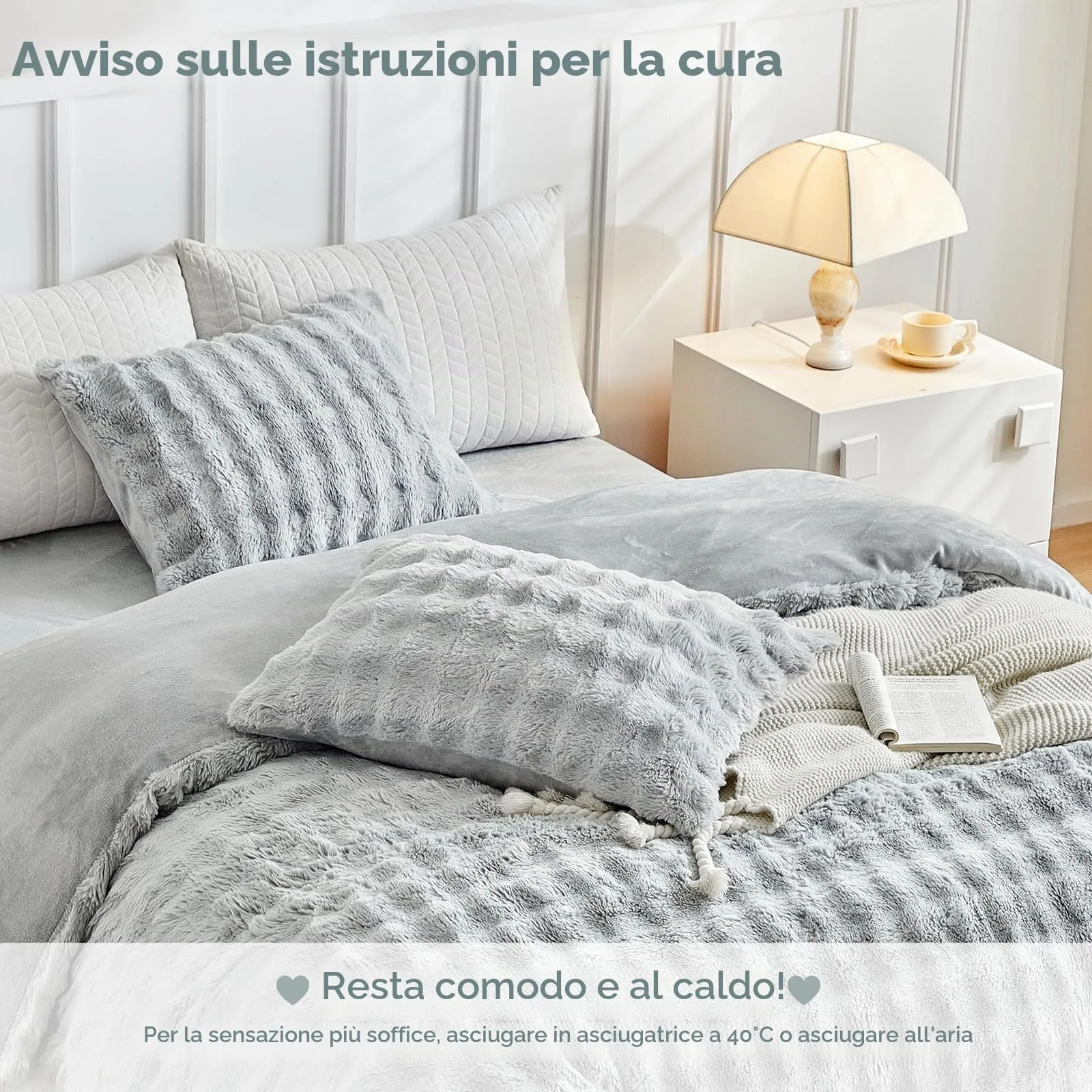 Tokokimo Set Copripiumino Matrimoniale in Flanella, 3 Pezzi (1 Copripiumino 240x220cm + 2 Federe 50x80cm), Grigio - immagine 3