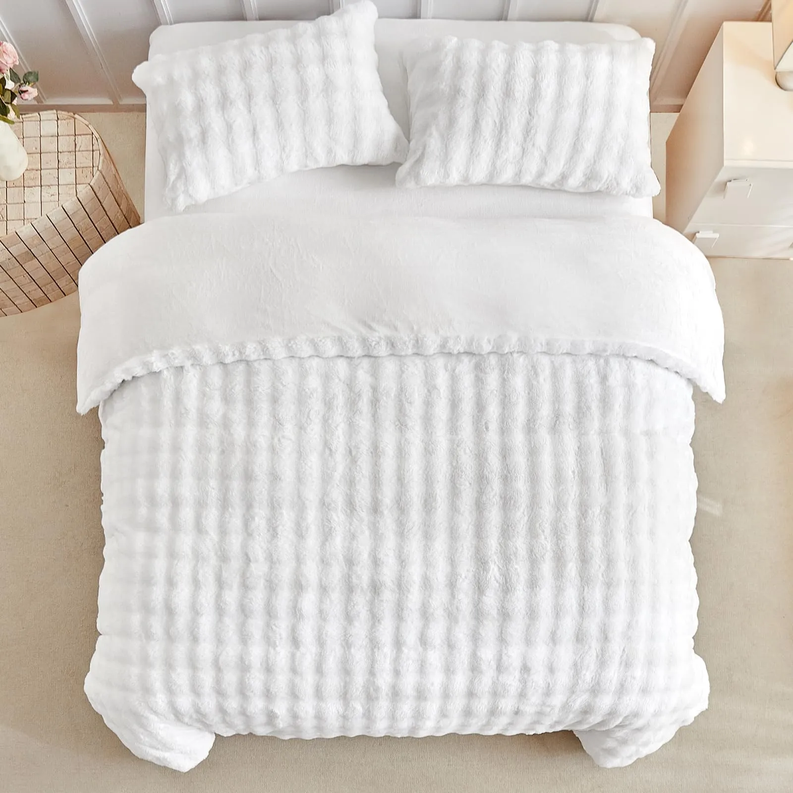 Tokokimo Set Copripiumino Matrimoniale in Flanella, 240x220cm, con 2 Federe 50x80cm, Bianco - immagine 8