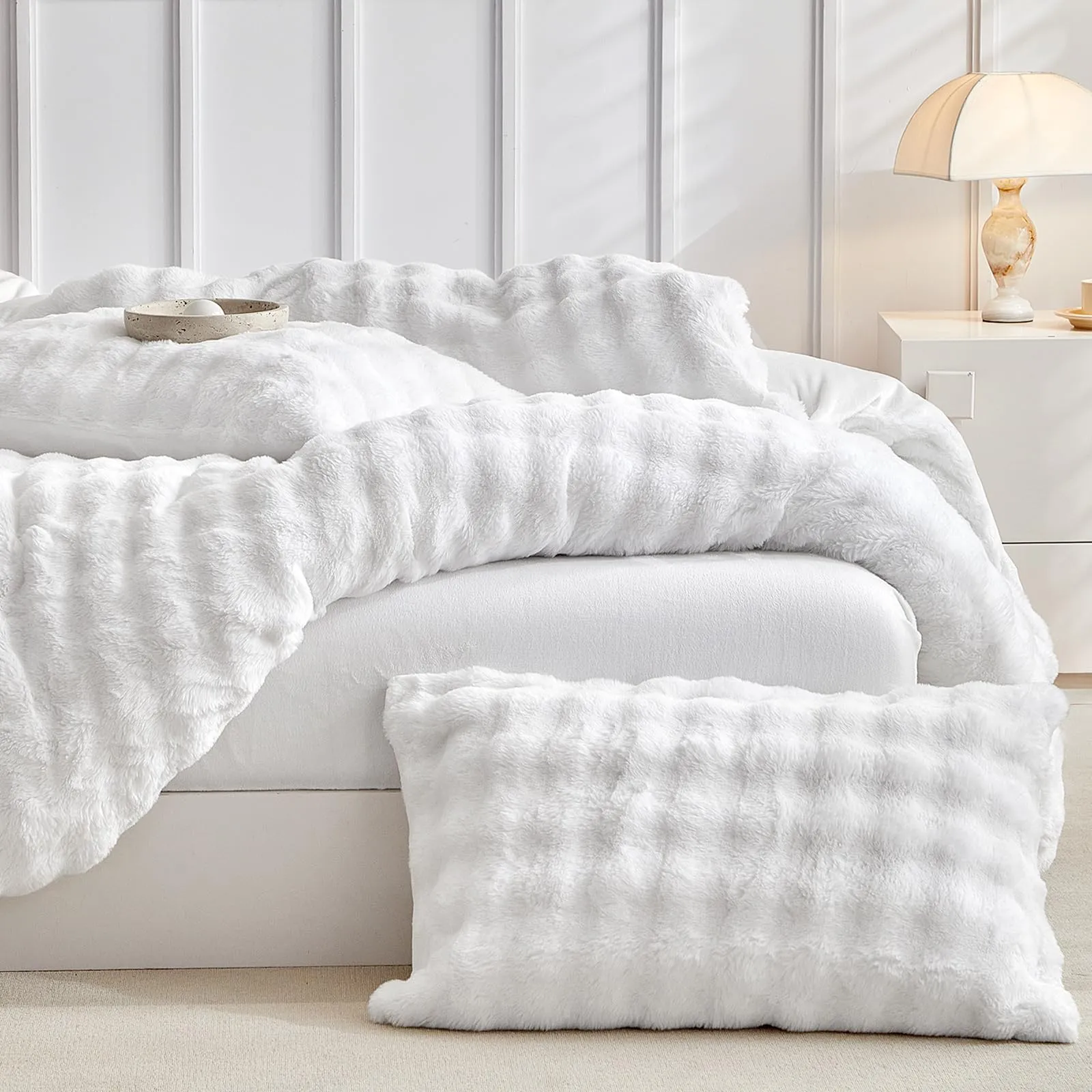 Tokokimo Set Copripiumino Matrimoniale in Flanella, 240x220cm, con 2 Federe 50x80cm, Bianco - immagine 9