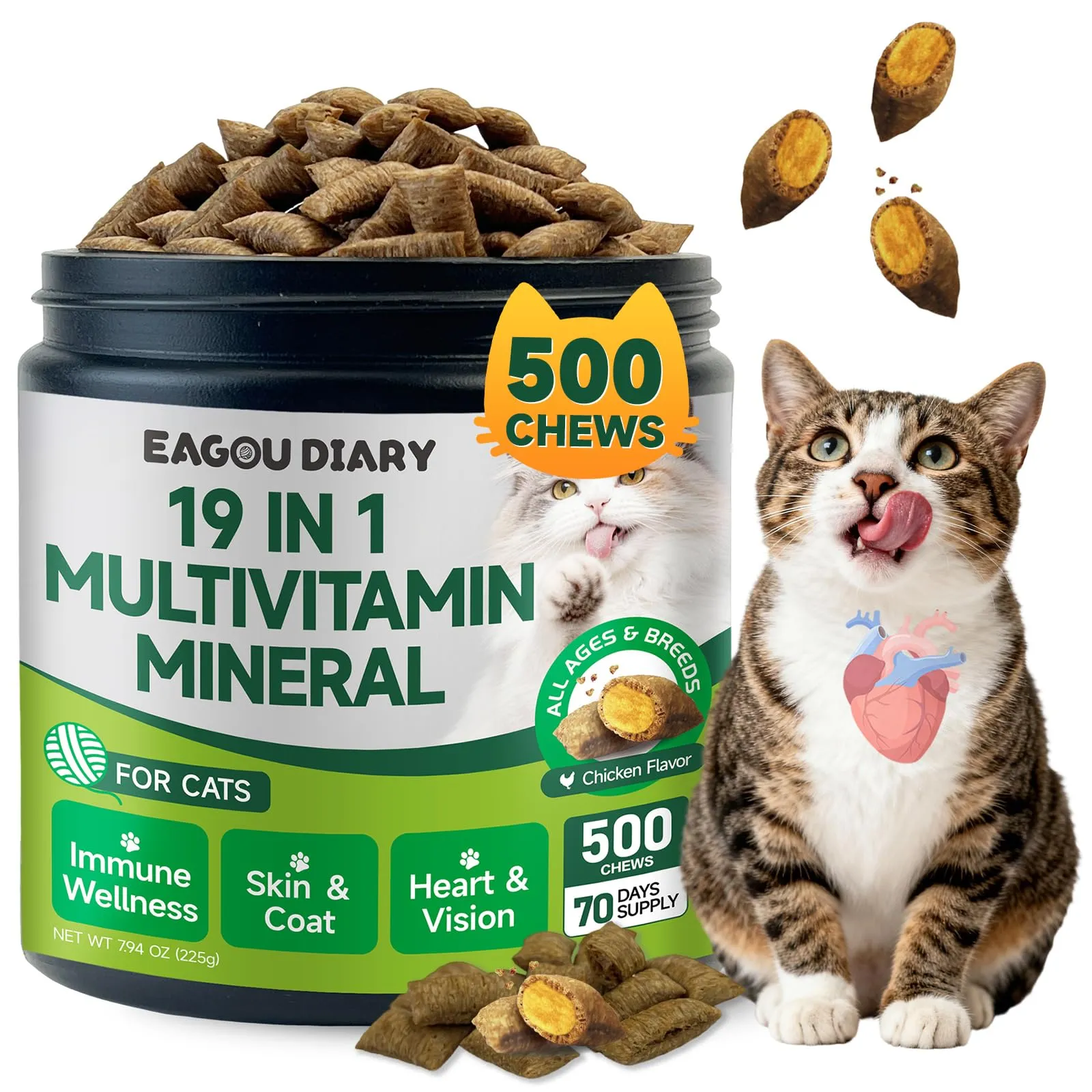Eagou Diary Vitamine per Gatti con Taurina, 500 Snack Masticabili - immagine 1