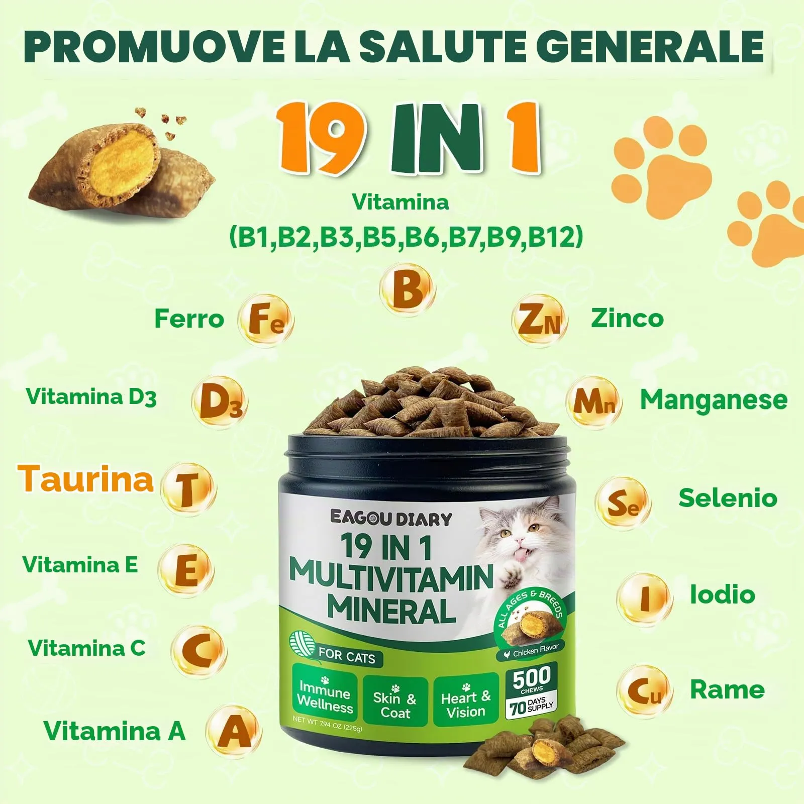 Eagou Diary Vitamine per Gatti con Taurina, 500 Snack Masticabili - immagine 4