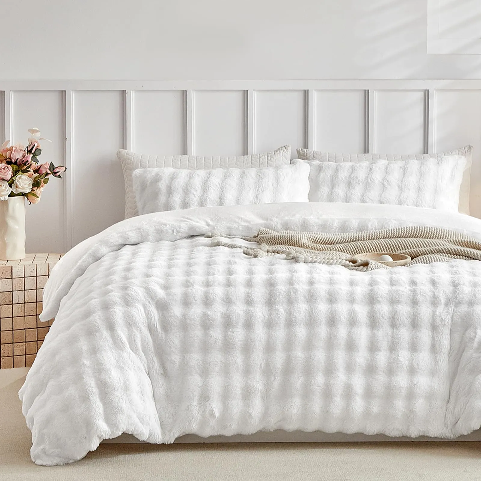 Tokokimo Set Copripiumino Matrimoniale in Flanella 3 Pezzi, 260x240cm, Bianco - immagine 1