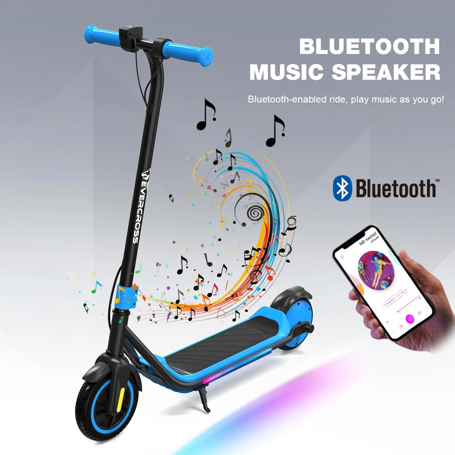Evercross Monopattino Elettrico per Bambini, LED, Bluetooth, Autonomia 20km, Blu scuro - immagine 3